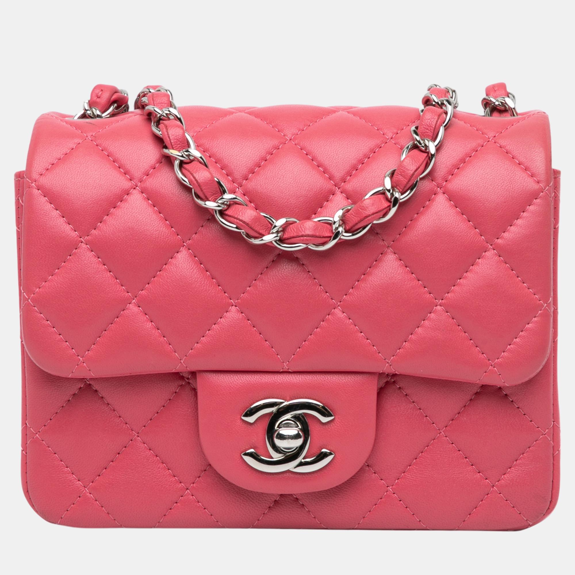 

Chanel Pink Mini Square Classic Lambskin Single Flap Bag