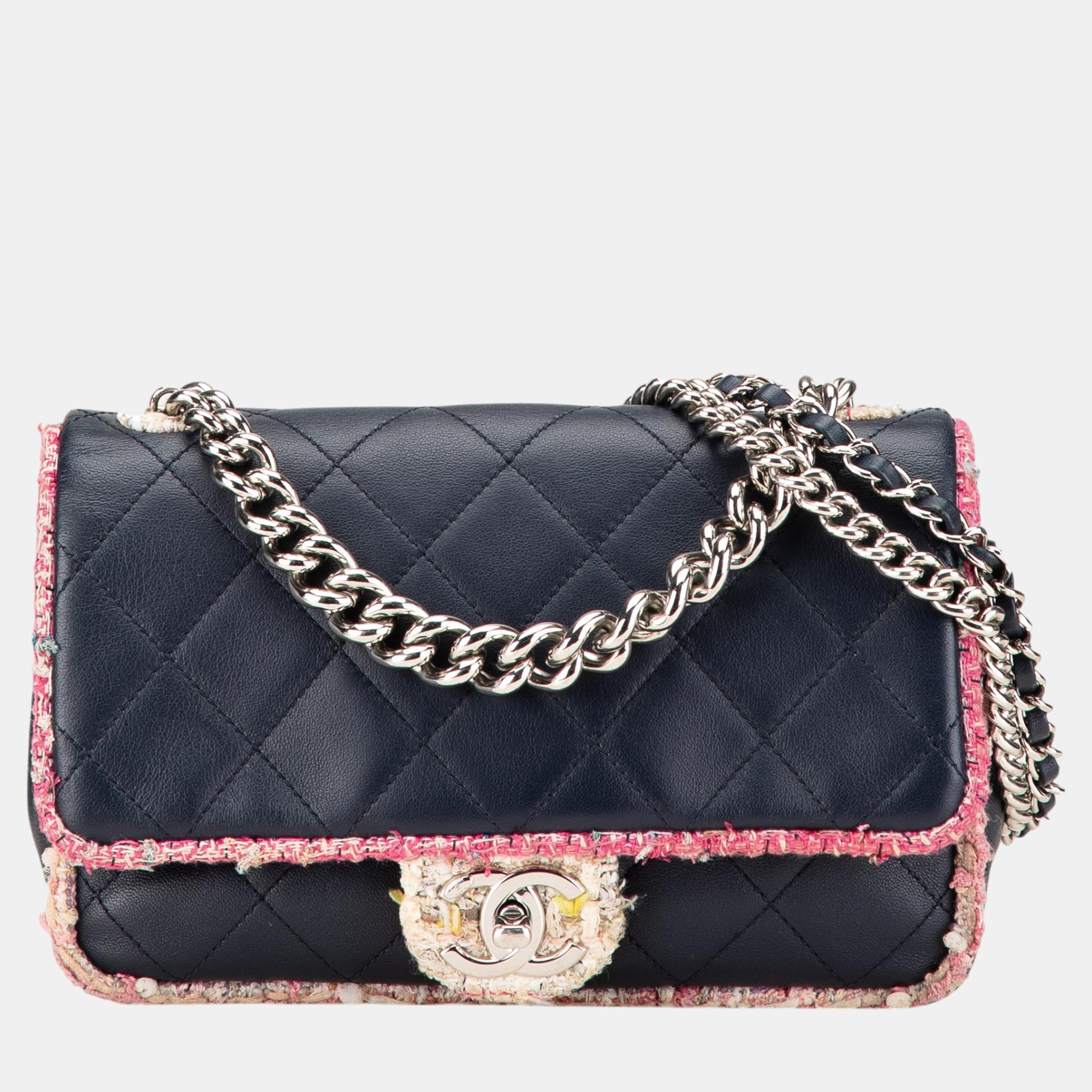 

Chanel Navy Blue Quilted Lambskin and Tweed Elegant Trim Flap