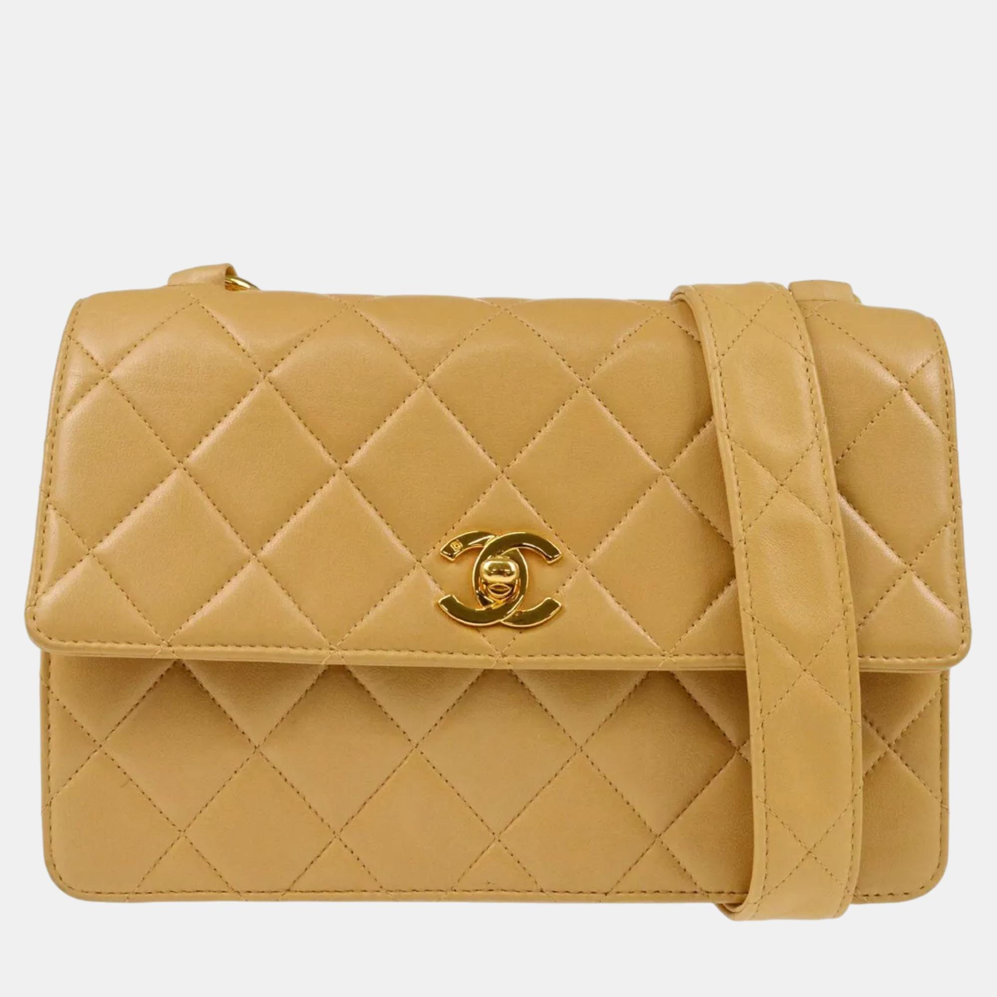 

Chanel Beige Lambskin Leather Straight Flap Shoulder Bag