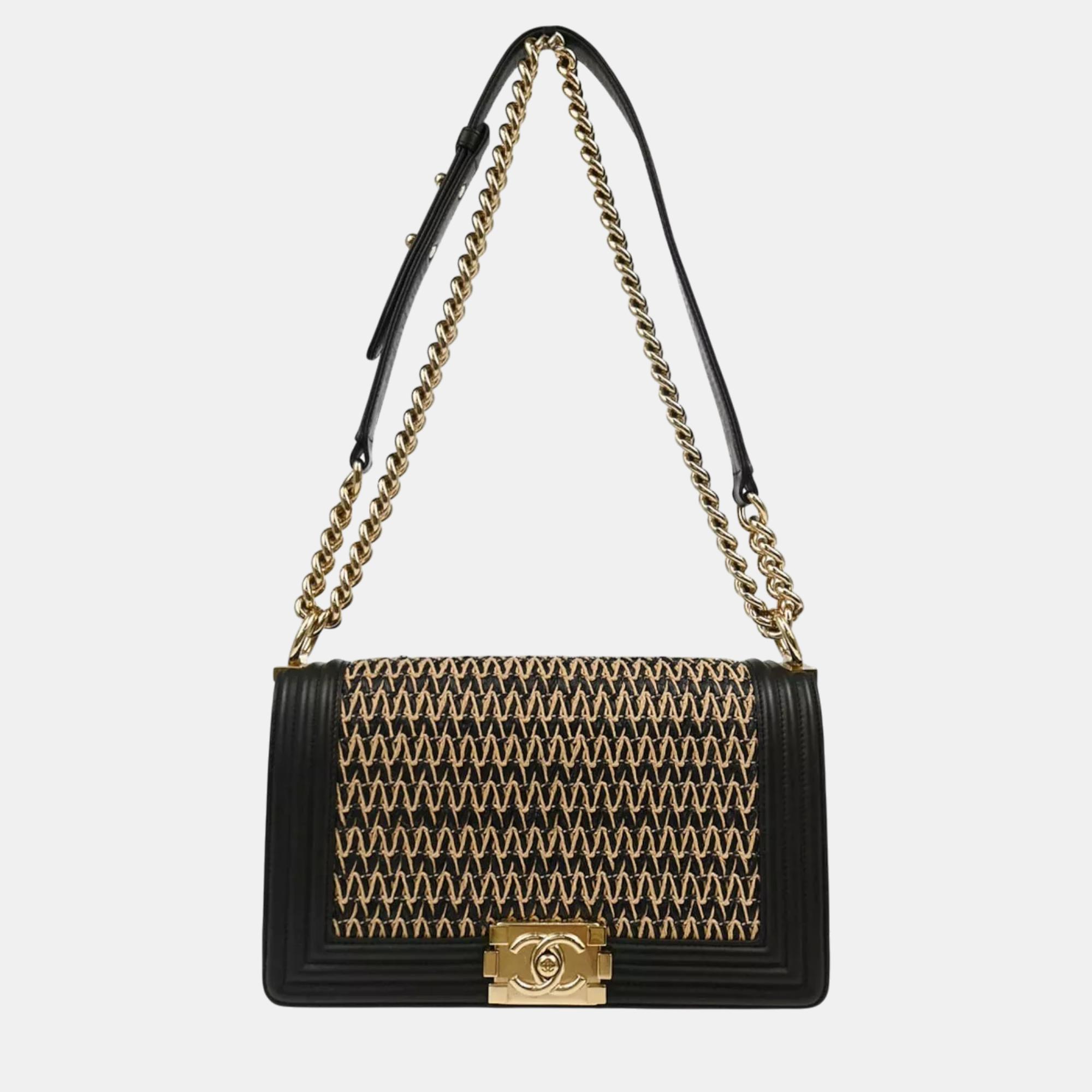 

Chanel Black Lambskin Raffia Medium Boy Chain Shoulder Bag