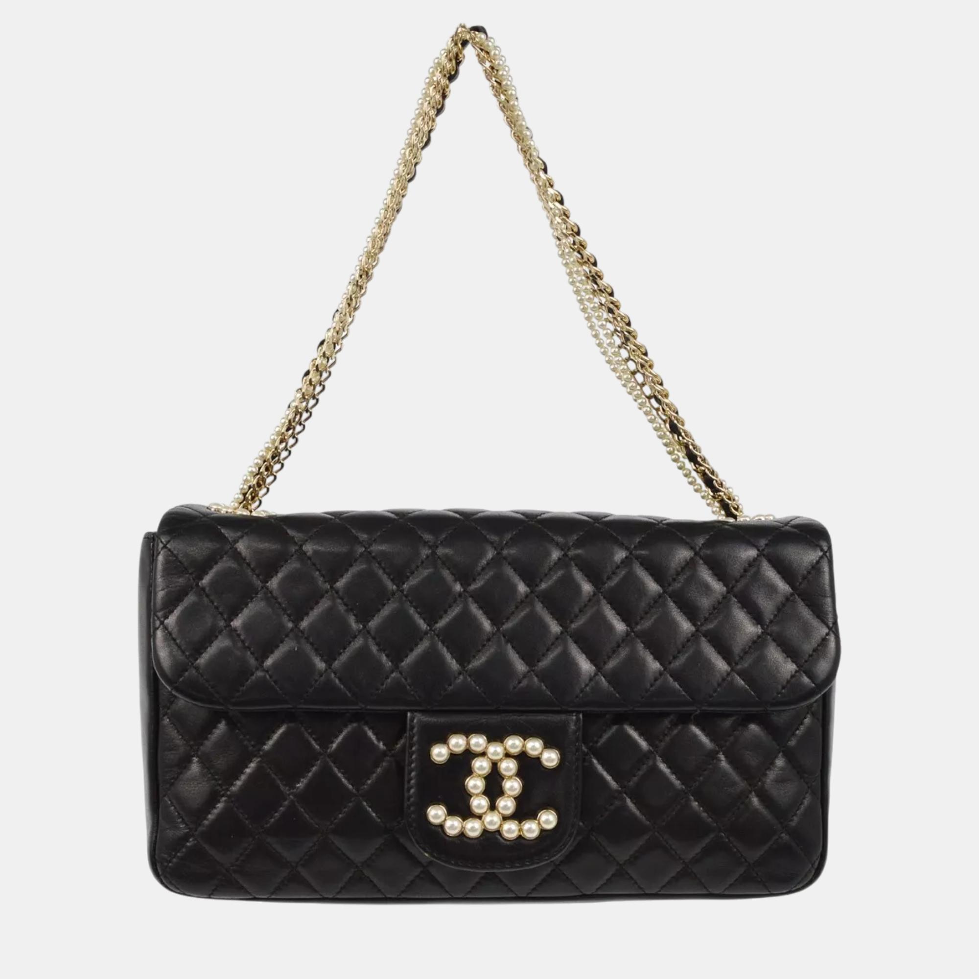 

Chanel Black Lambskin Artificial Pearl Shoulder Bag
