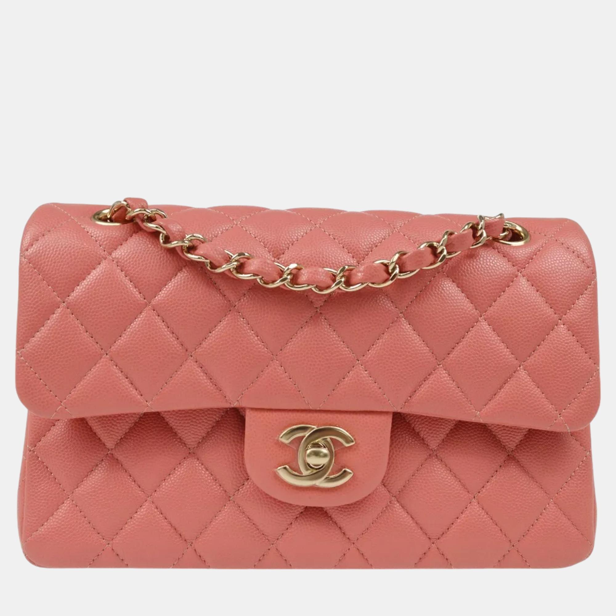 

Chanel Pink Leather Small Classic Double Flap Shoulder Bag