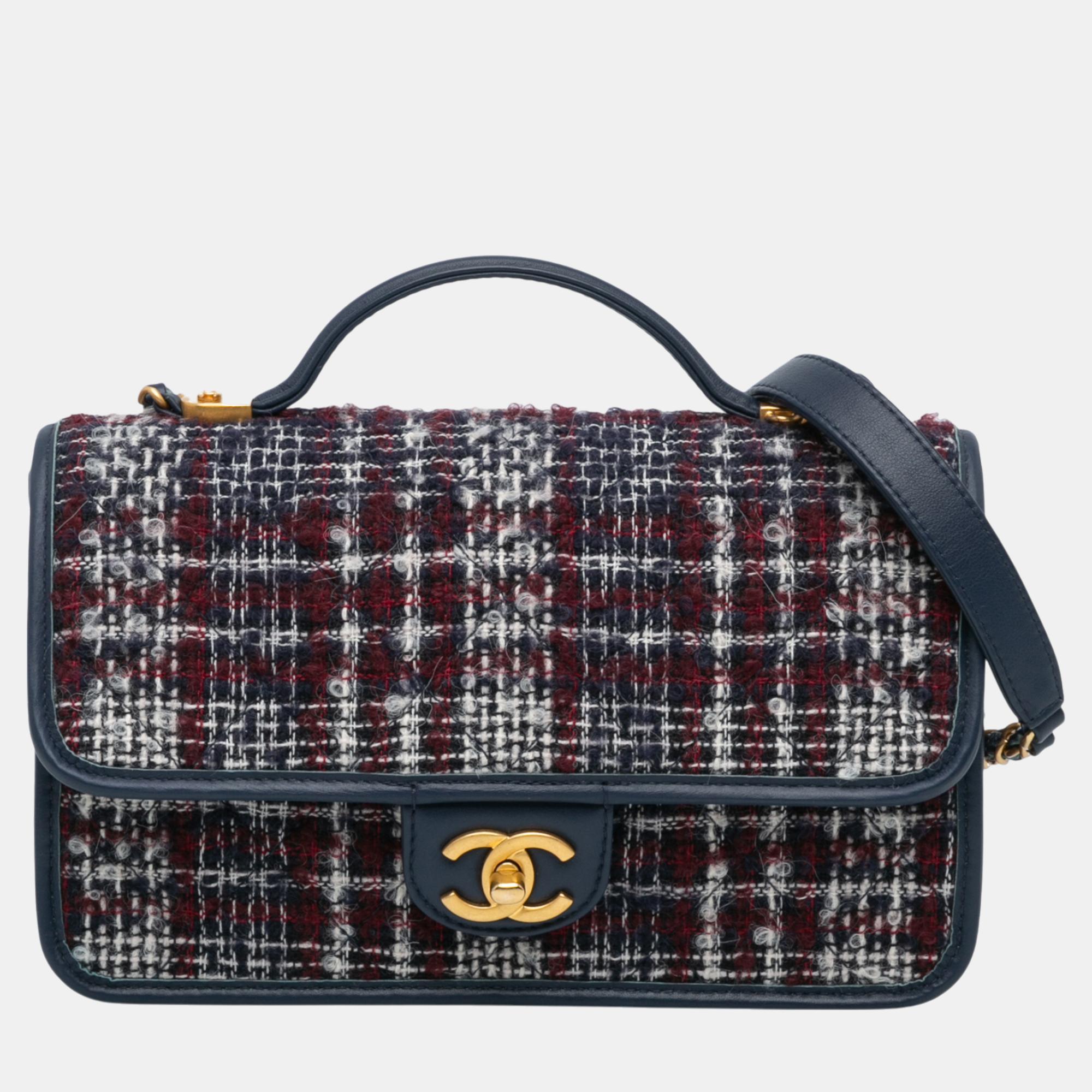 

Chanel Navy Blue Small Tweed School Memory Top Handle Flap