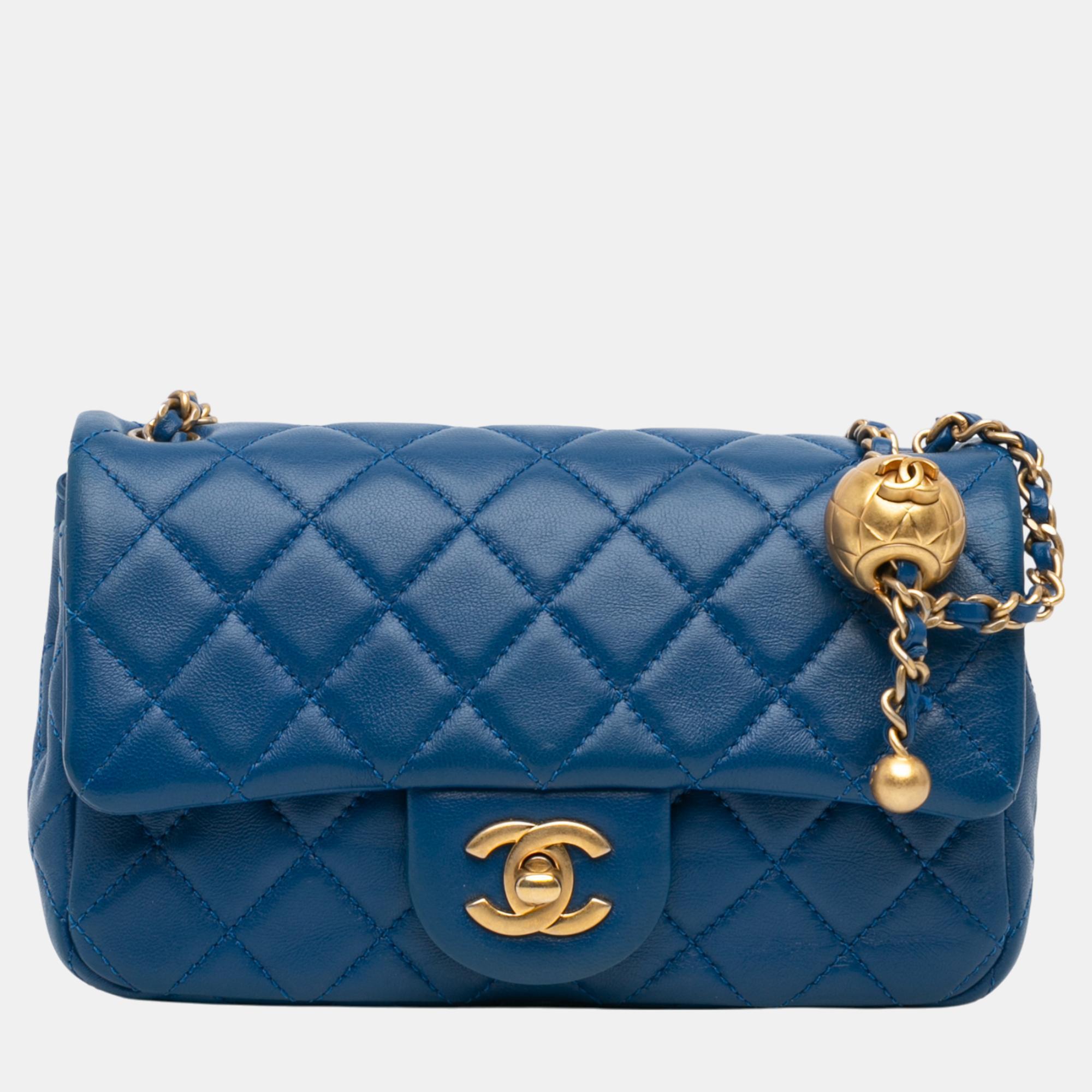 

Chanel Blue Mini Rectangular Lambskin Pearl Crush Flap