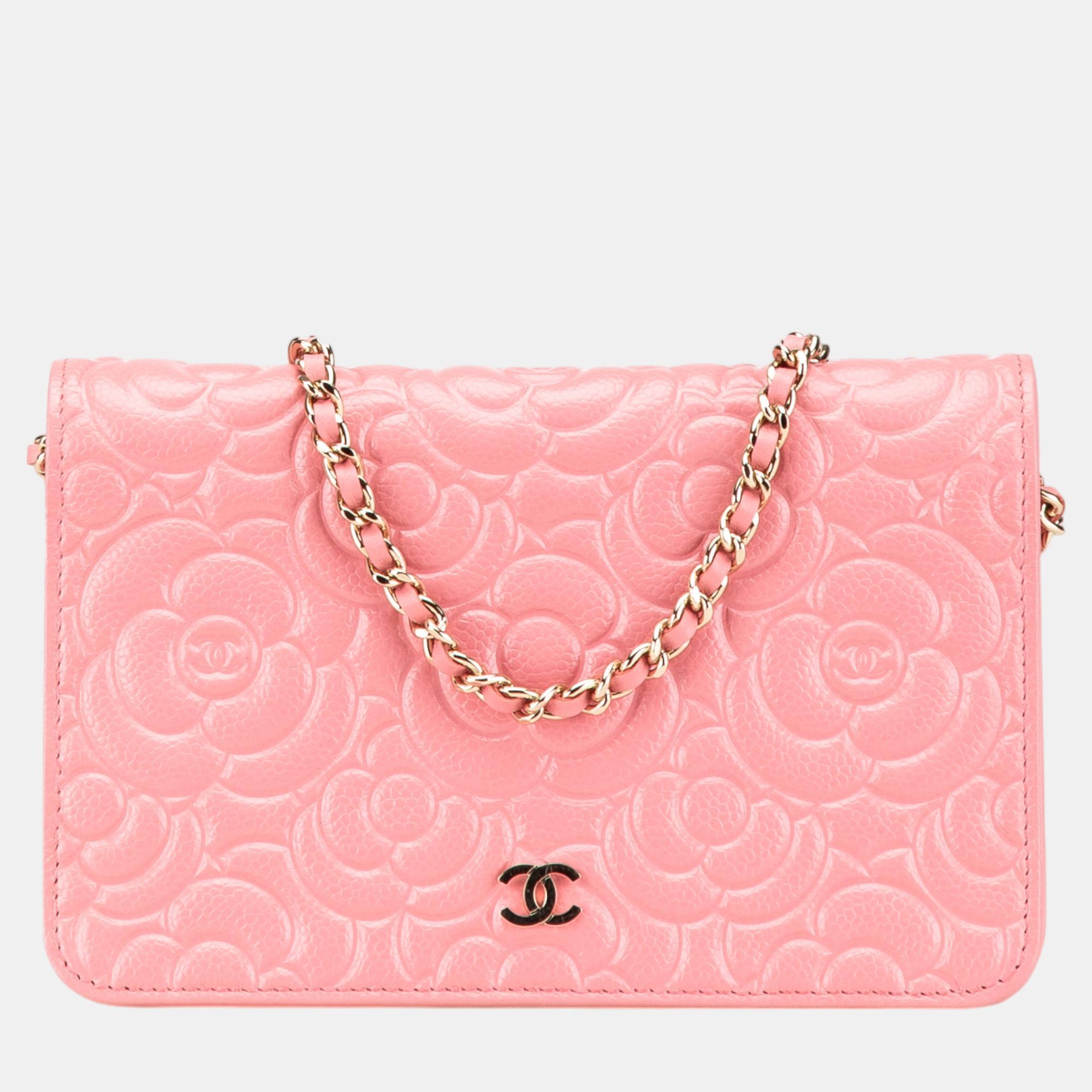 

Chanel Pink CC Caviar Camellia Wallet On Chain