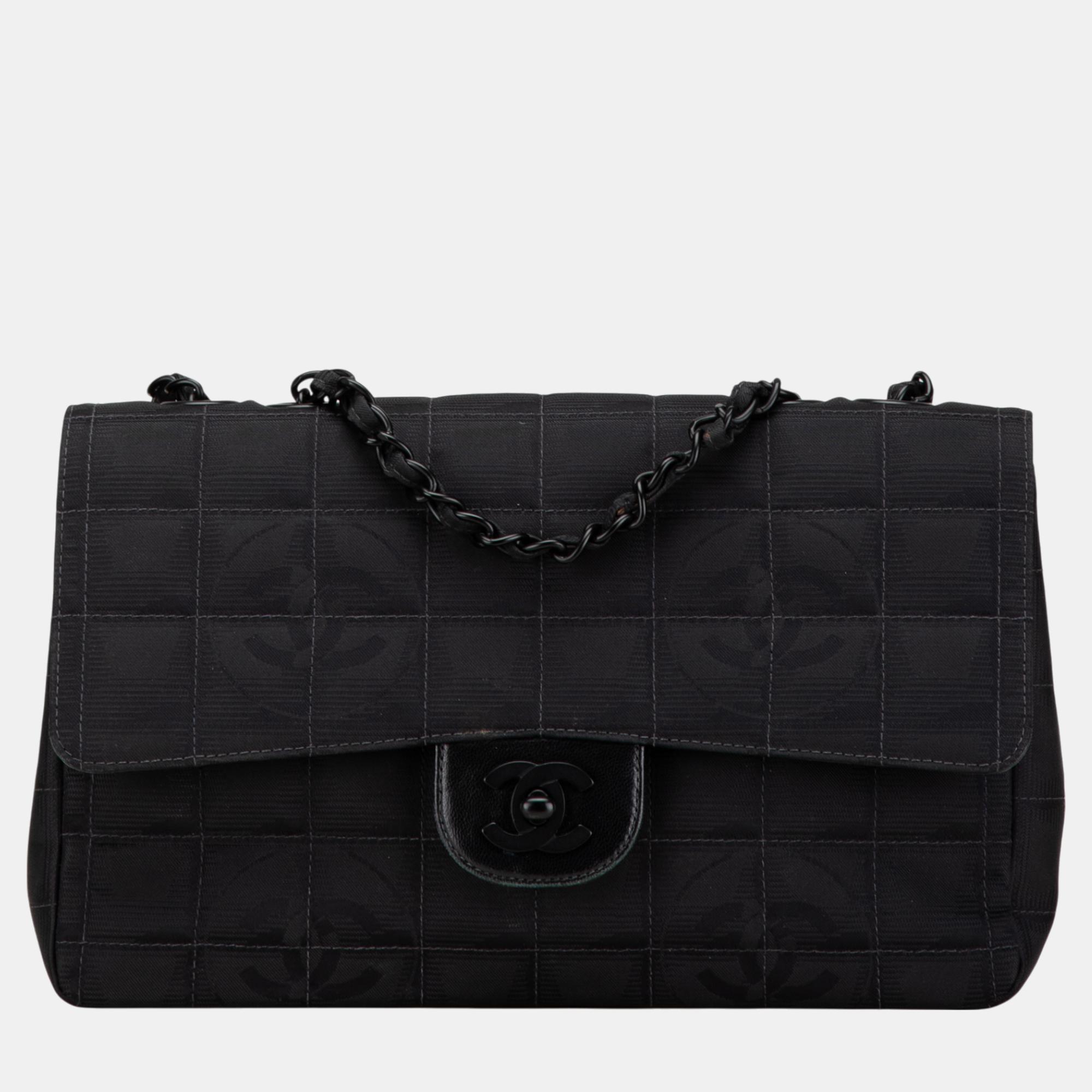 

Chanel Black New Travel Line Medium Nylon Single Flap