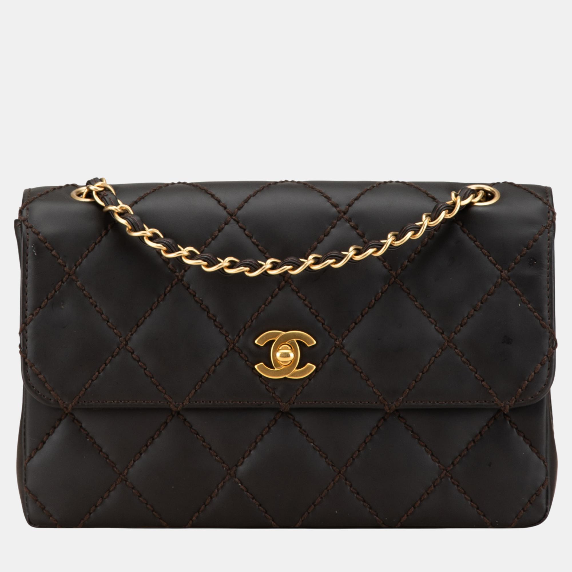 

Chanel Brown CC Quilted Calfskin Wild Stitch Flap