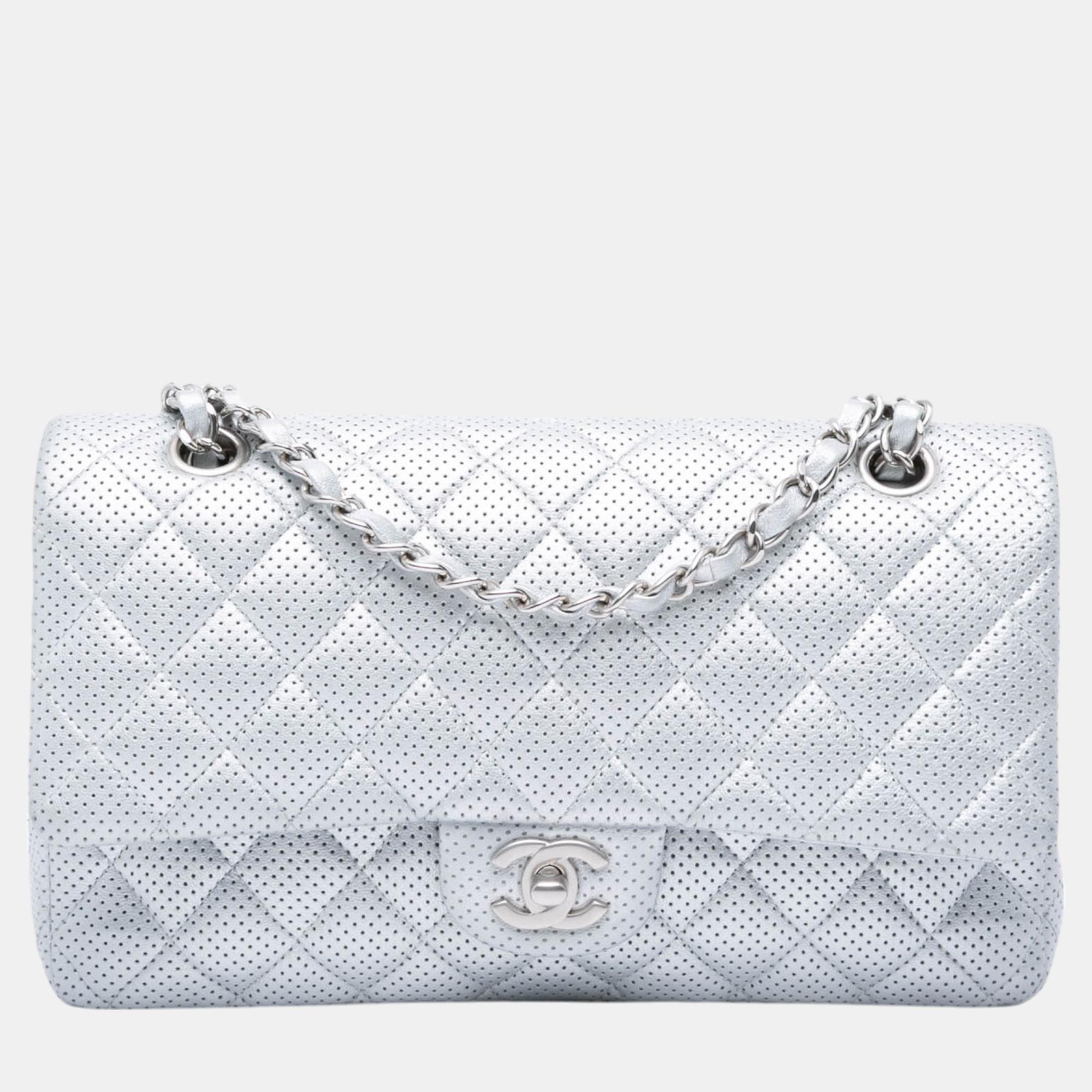 

Chanel Silver Medium Classic Perforated Lambskin Double Flap