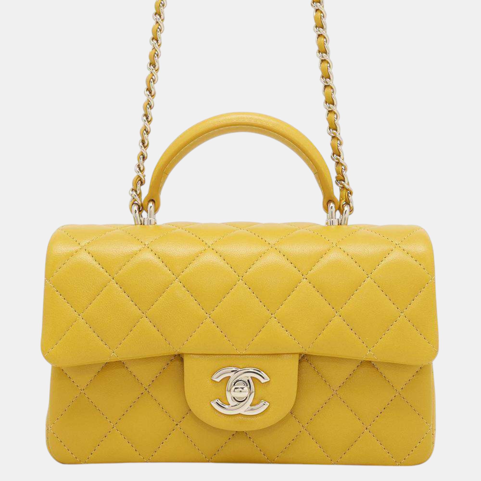 

Chanel Matelasse Top Handle Chain shoulder Bag Yellow Lambskin