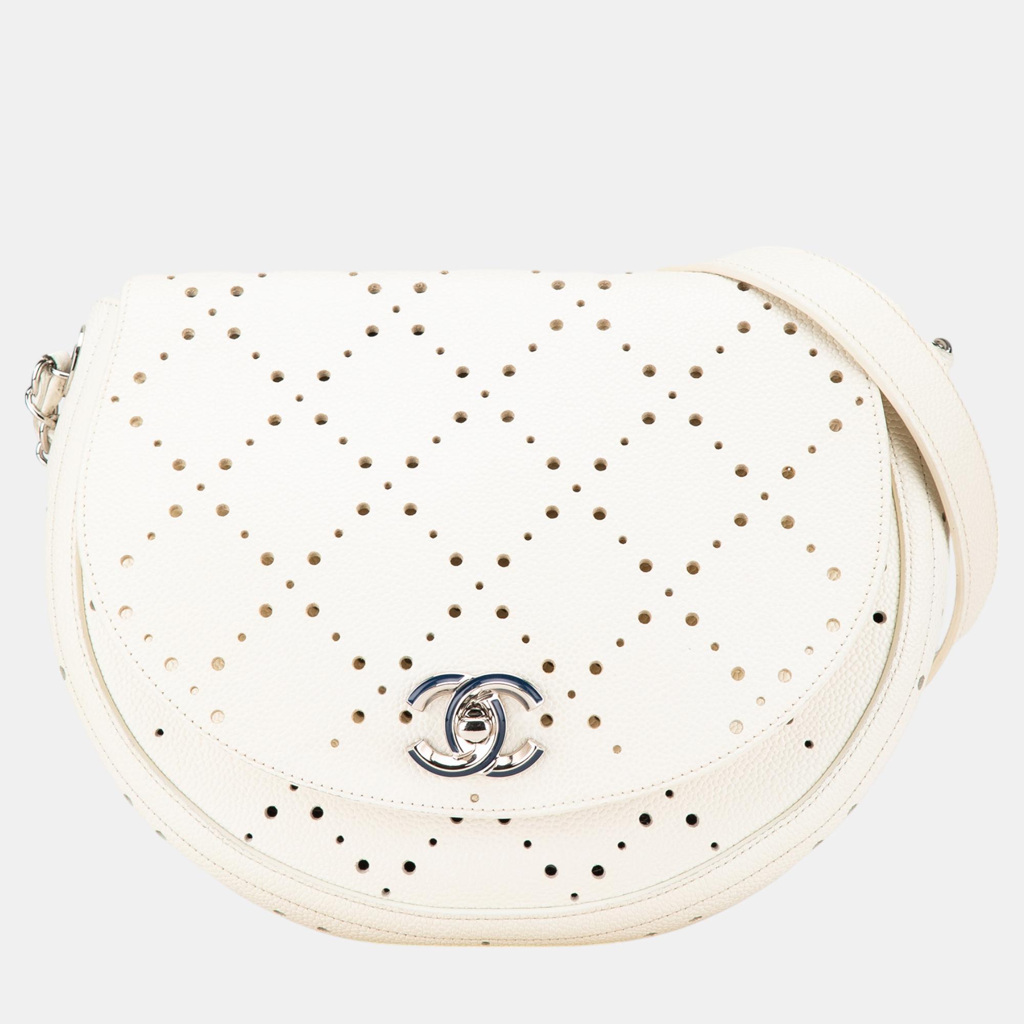 

Chanel White CC Caviar Perforated Messenger Flap