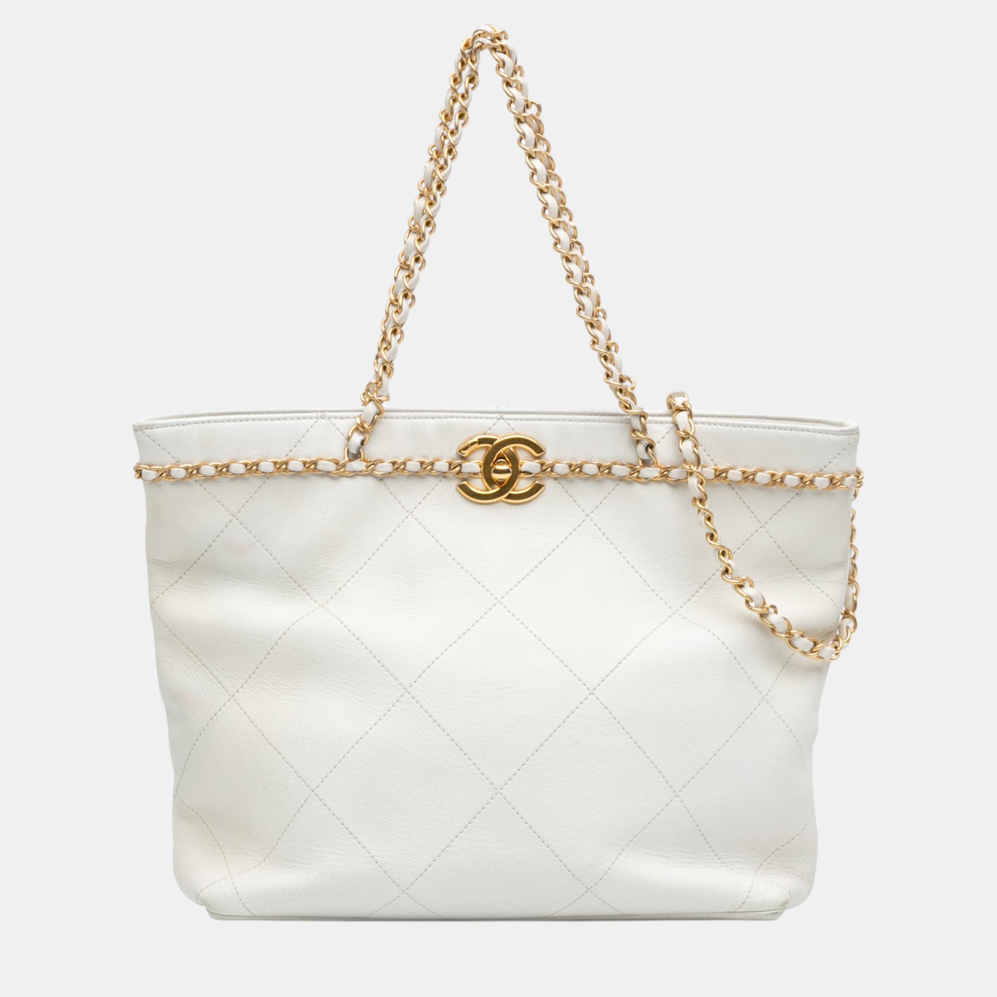 

Chanel White Quilted Calfskin CC Lock Chain Shopping Tote