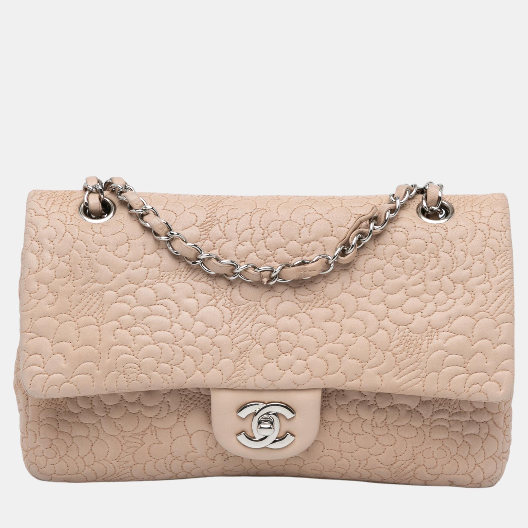 

Chanel Pink Medium Lambskin Camellia Stitched Double Flap