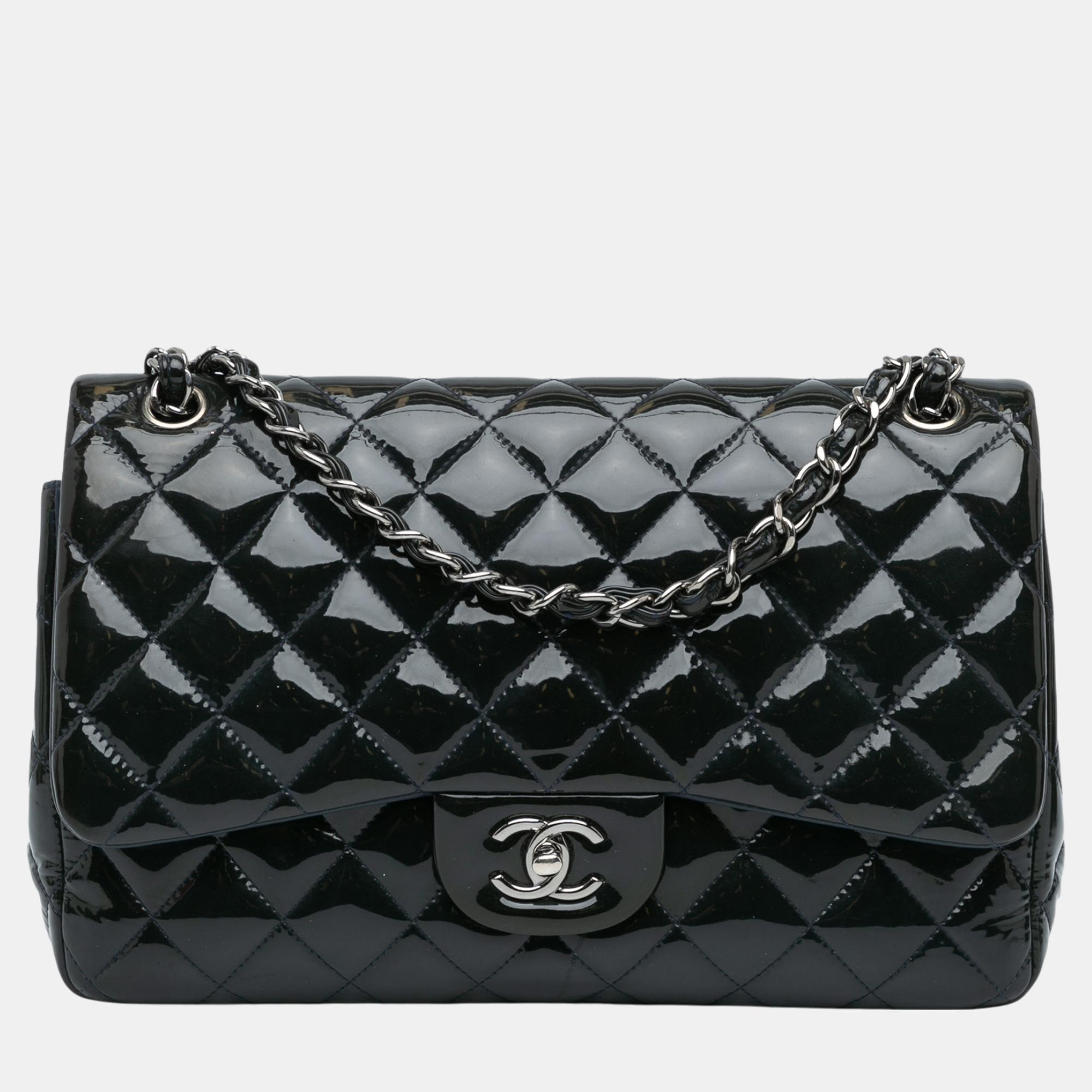 

Chanel Blue Jumbo Classic Patent Double Flap