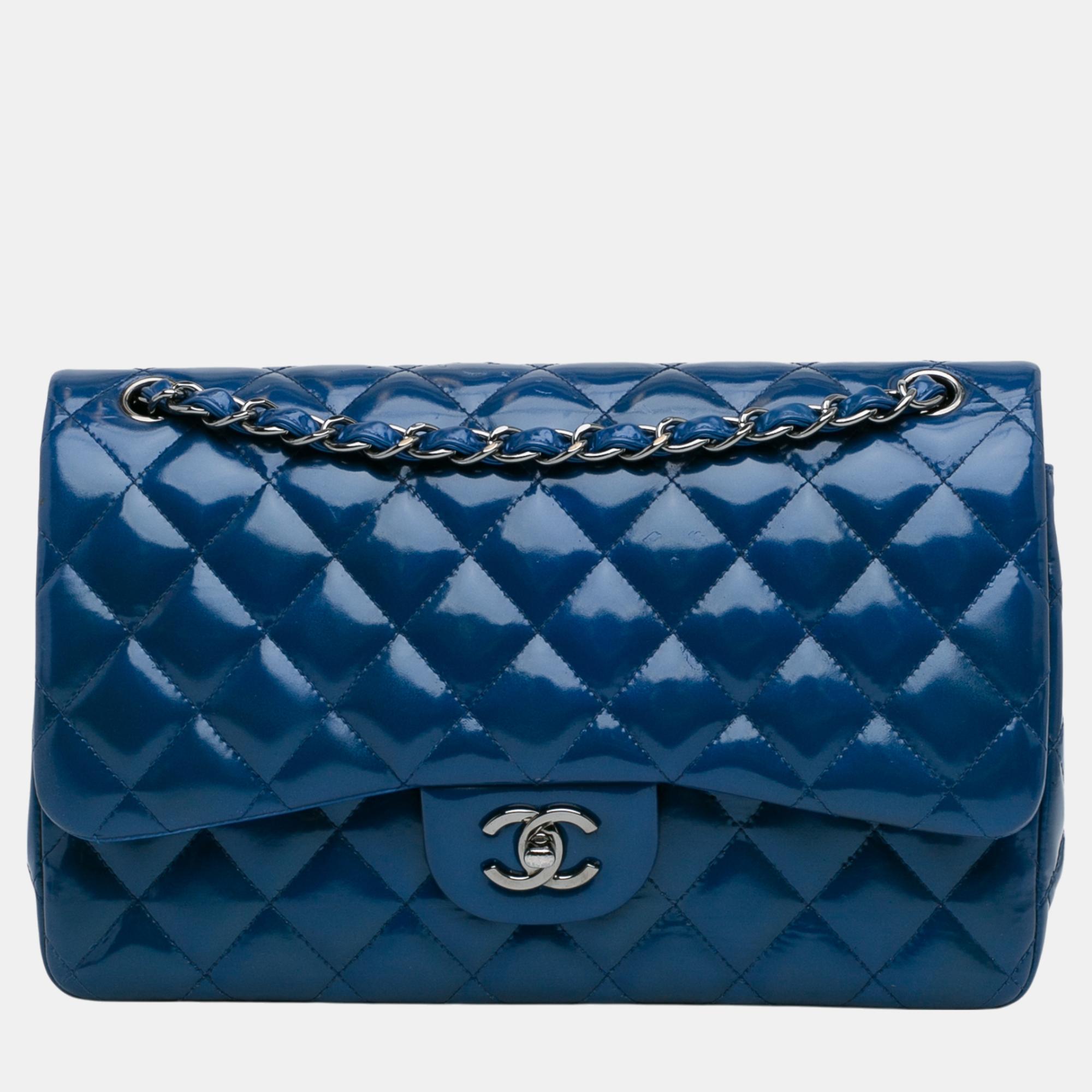 

Chanel Blue Jumbo Classic Patent Double Flap