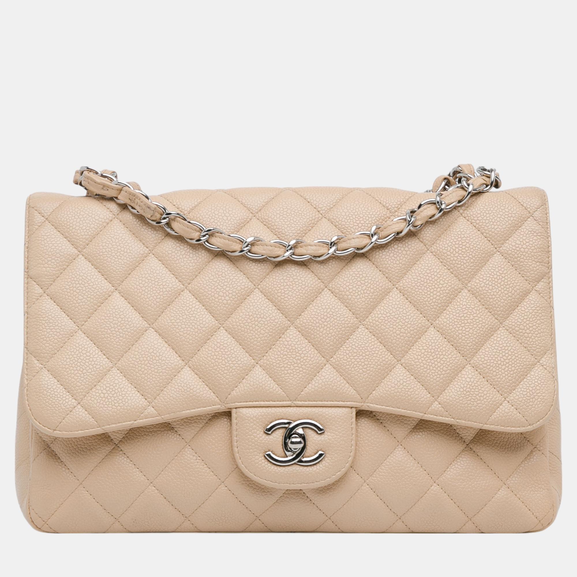 

Chanel Beige Jumbo Classic Caviar Single Flap Bag