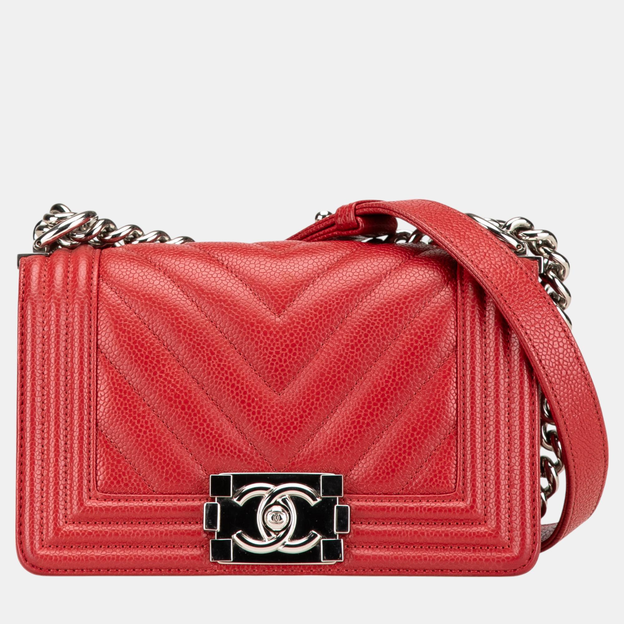 

Chanel Red Small Chevron Quilted Caviar Boy Flap