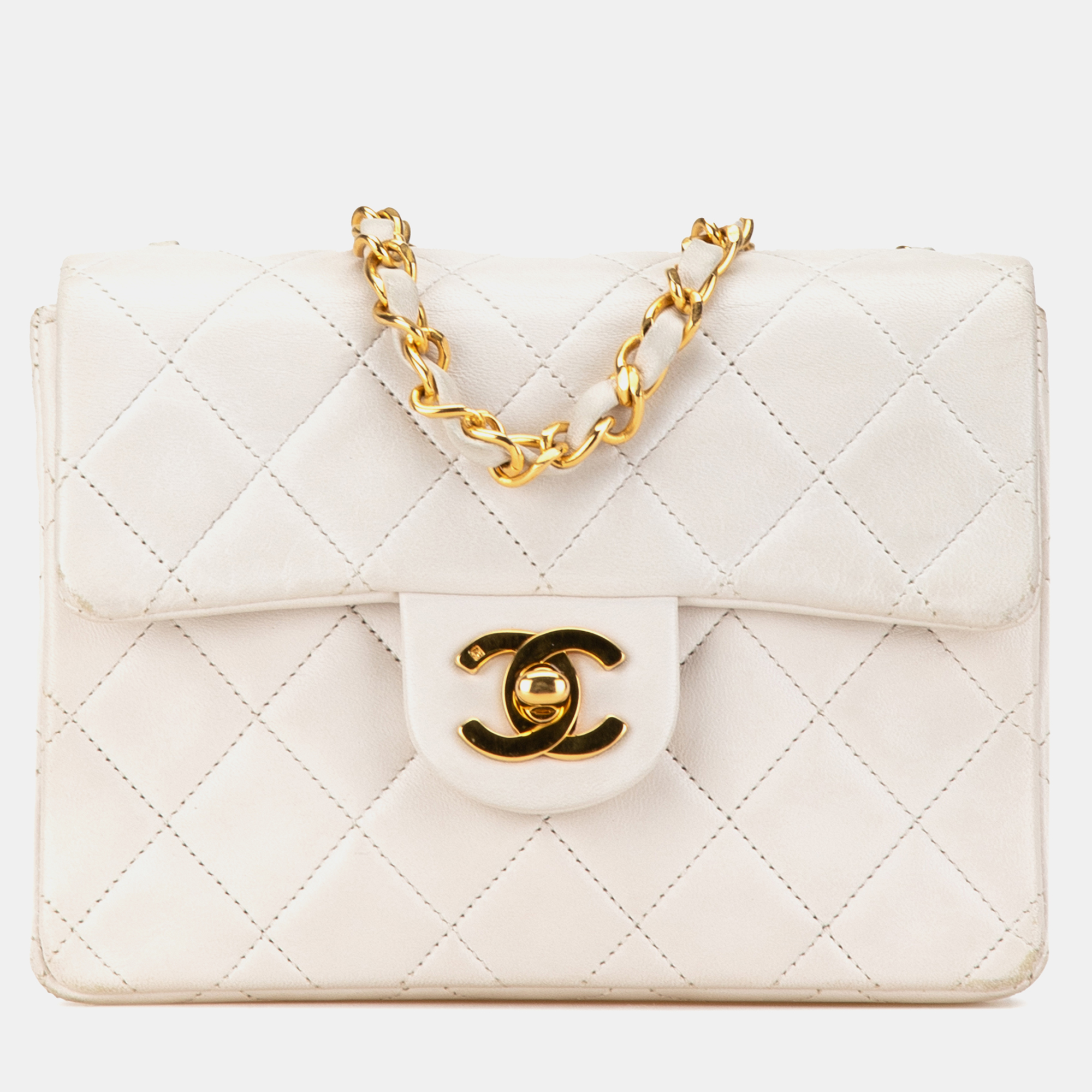 

Chanel White Mini Square Classic Lambskin Single Flap