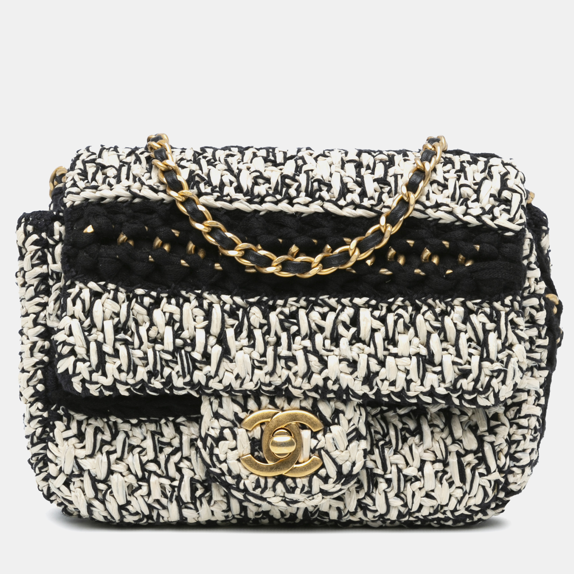 

Chanel Black White Raffia Braided with Love Flap