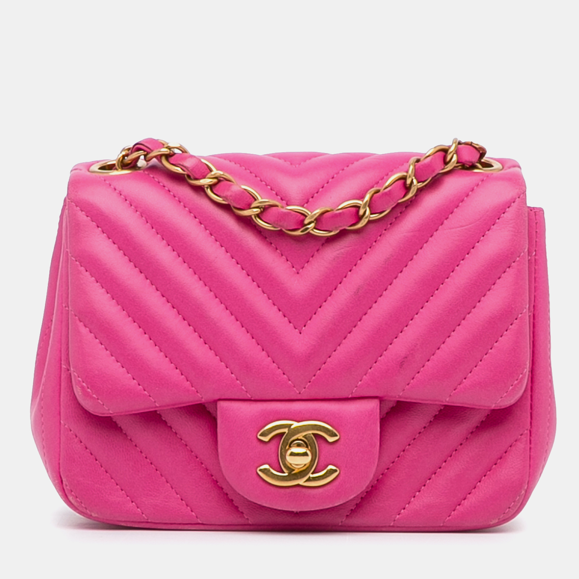 

Chanel Pink Mini Square Classic Chevron Lambskin Flap