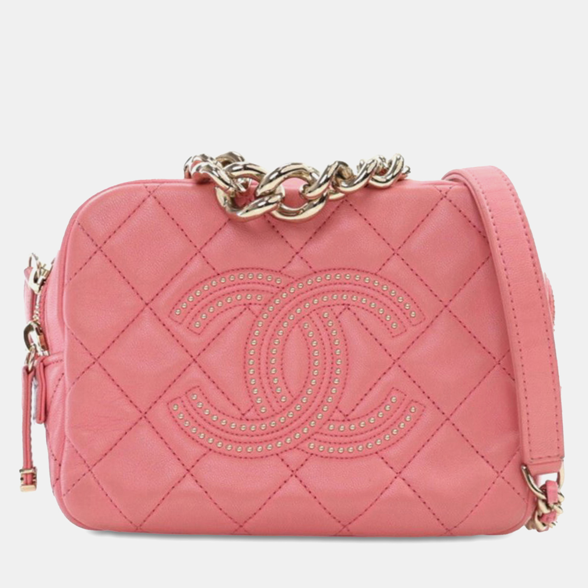 

Chanel Pink Quilted Lambskin Studded Beauty Begins Camera Bag