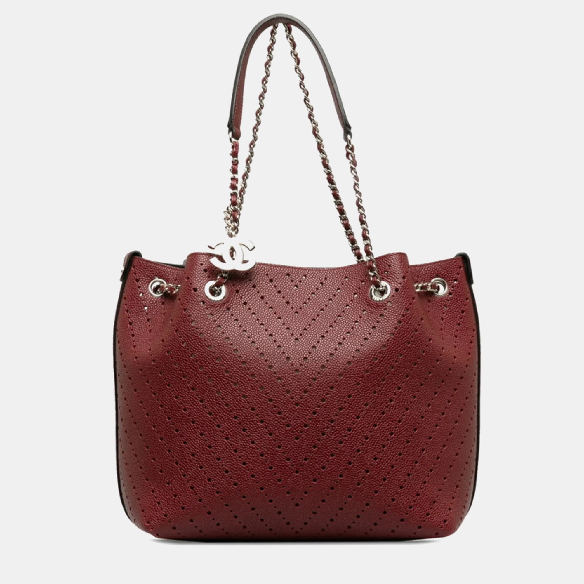 

Chanel Wine Leather V-Shaped Punched Chain Shoulder Bag, Red