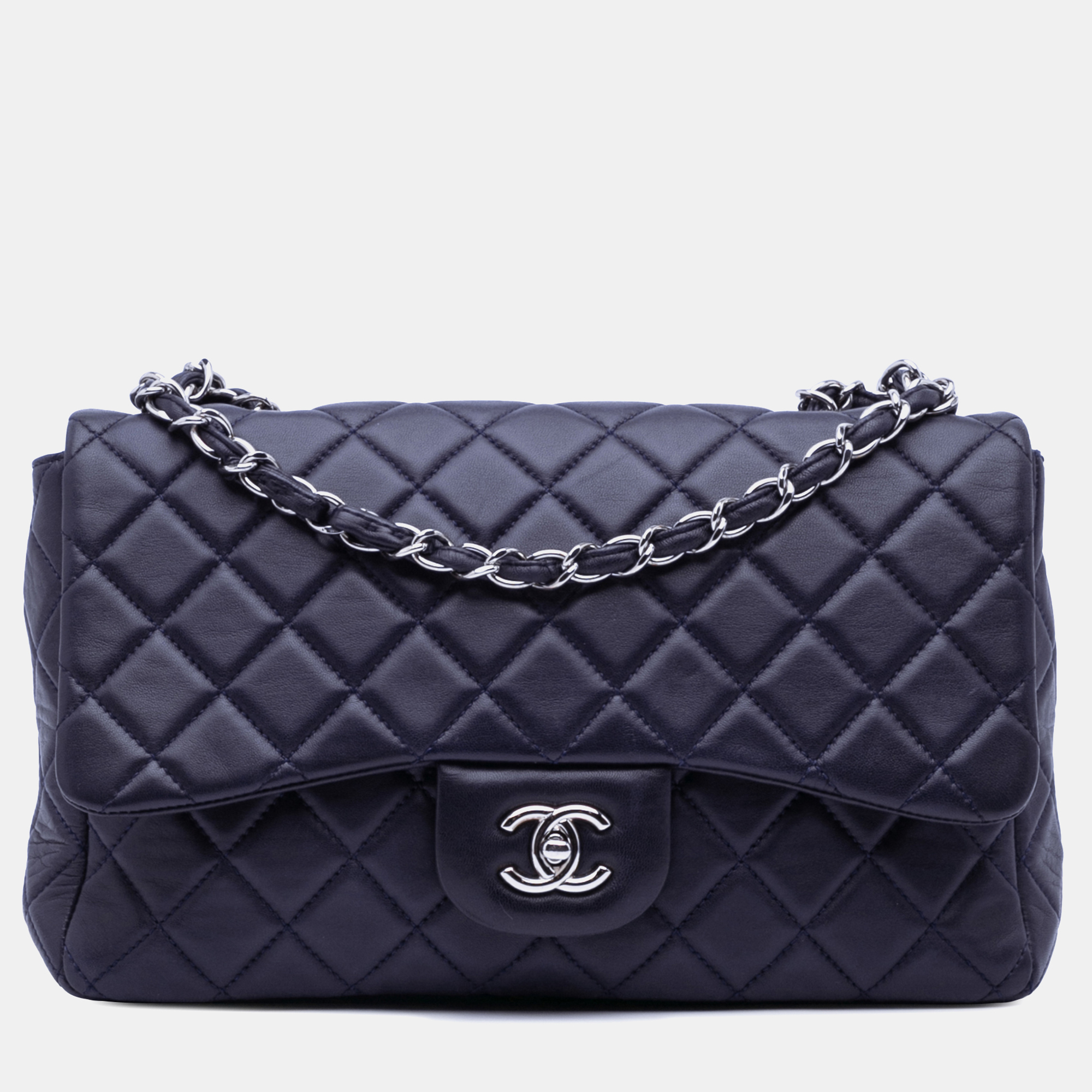 

Chanel Navy Blue Jumbo Classic Lambskin Single Flap