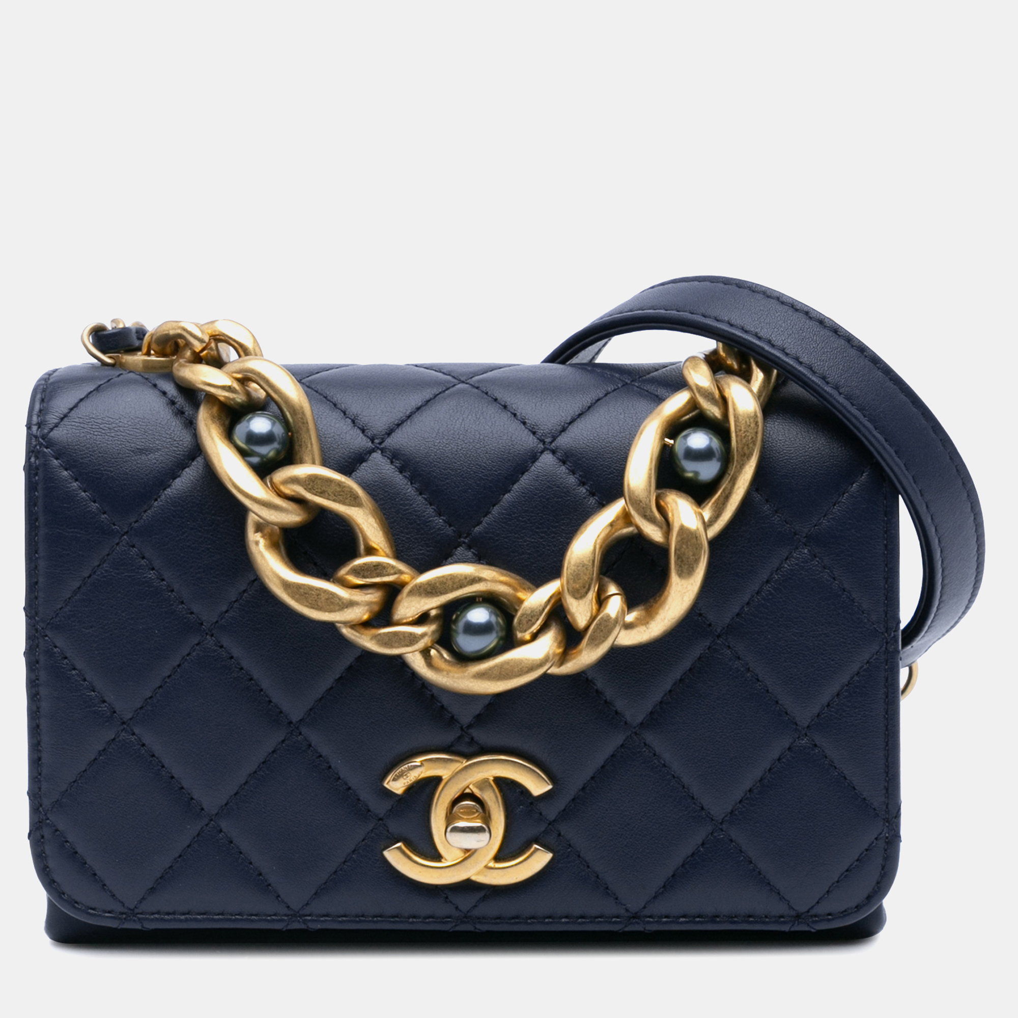 

Chanel Navy Blue Mini Quilted Calfskin Pearl Boy Chain Flap