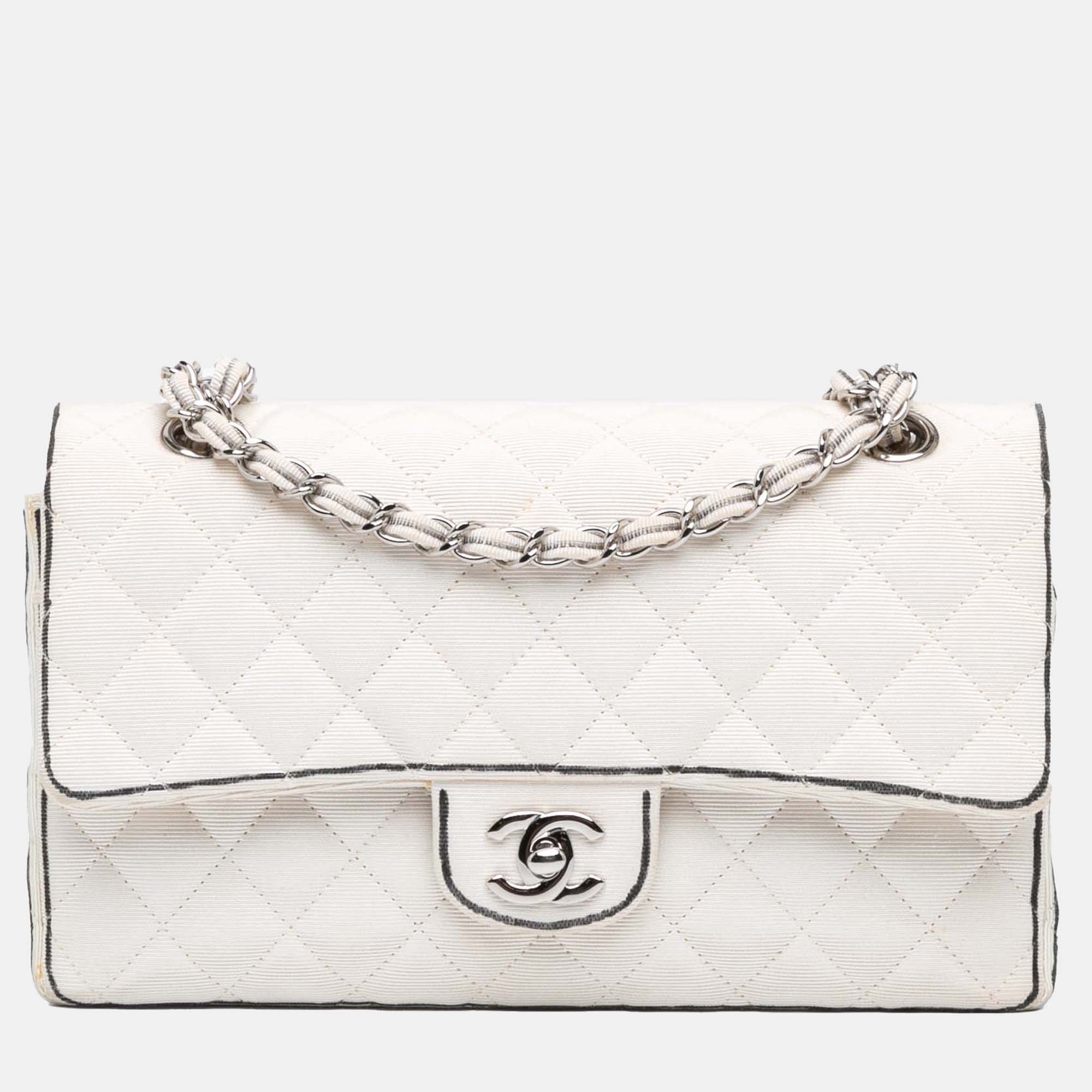 

Chanel White Medium Classic Printed Grosgrain Double Flap