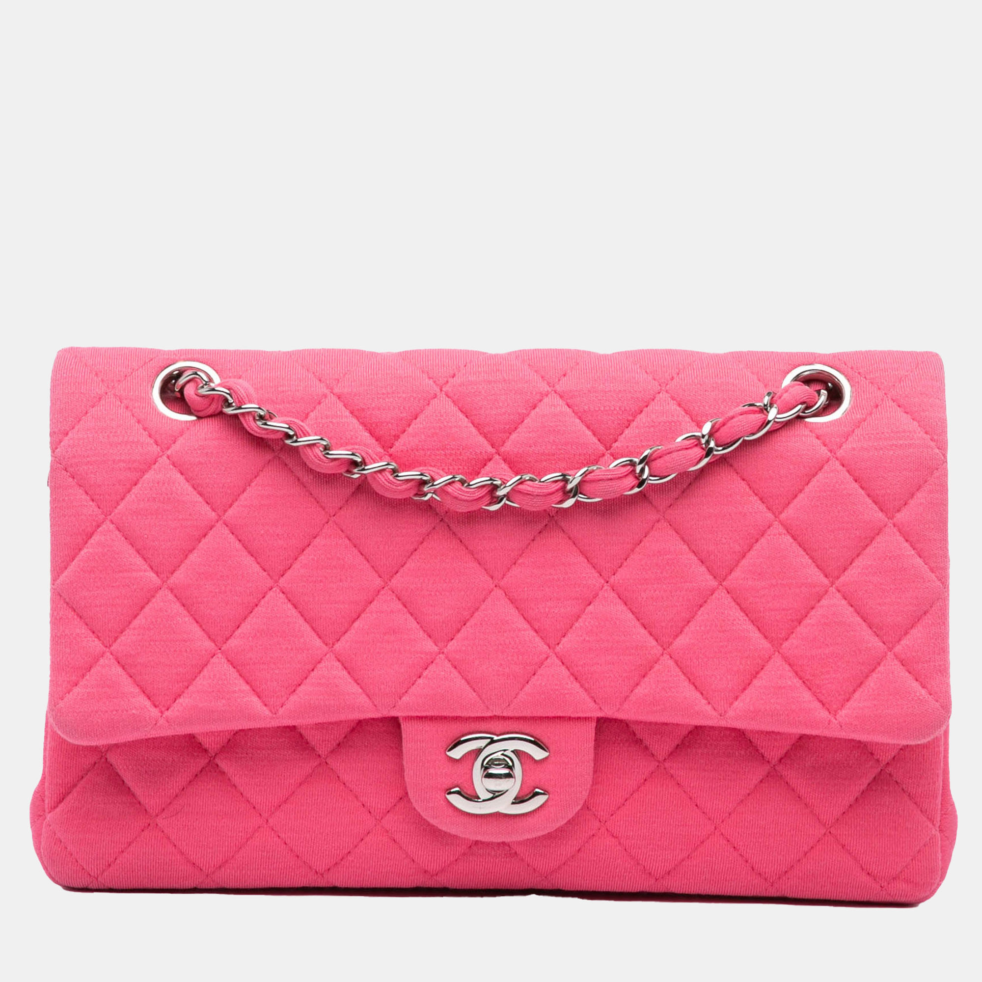 

Chanel Pink Medium Classic Jersey Double Flap