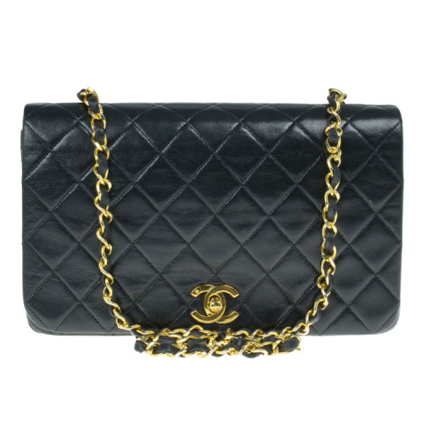 Pre Owned Chanel Black Lambskin Single Flap Shoulder Bag