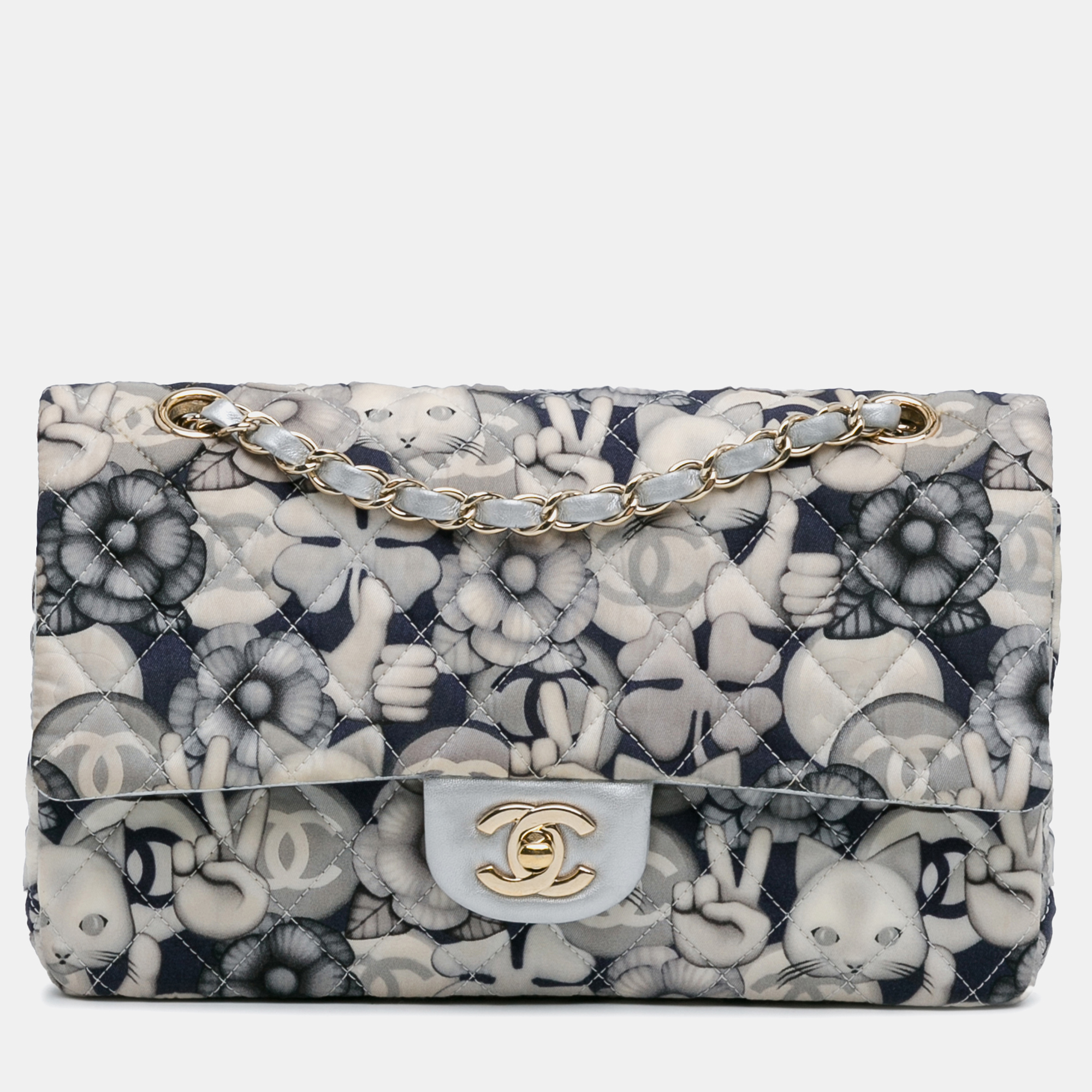 

Chanel Multicolor White Medium Classic Nylon Cat Emoticon Double Flap Bag