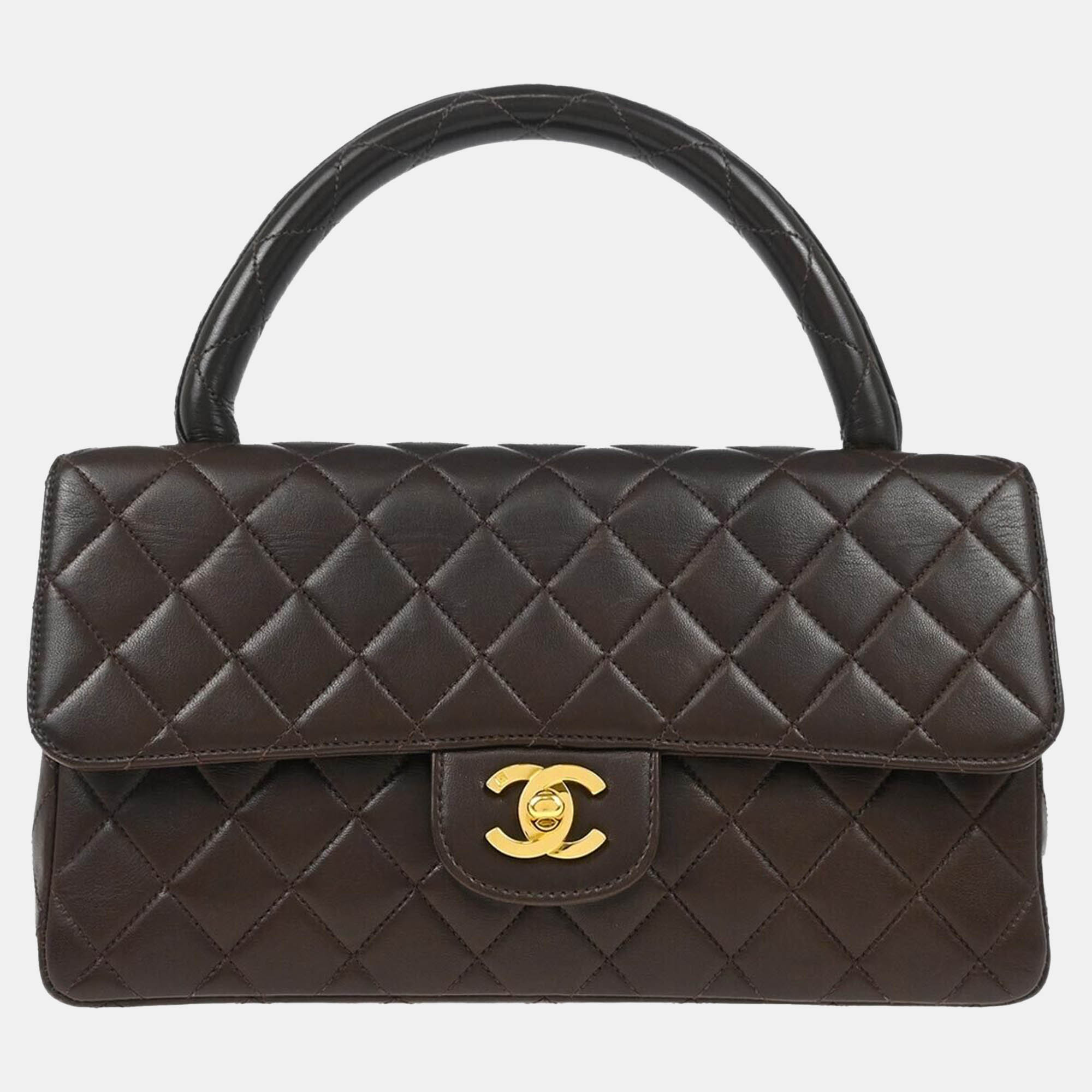 

Chanel Brown Lambskin Leather Single Flap Top Handle Bag