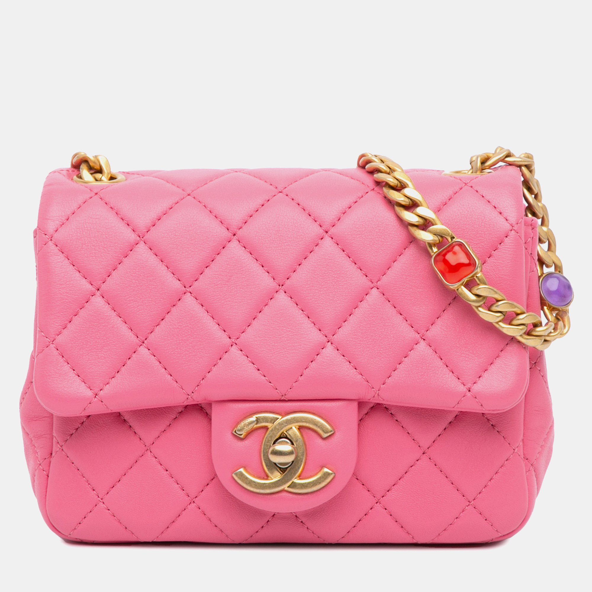 

Chanel Pink Mini Square Lambskin Pearl Samba Flap