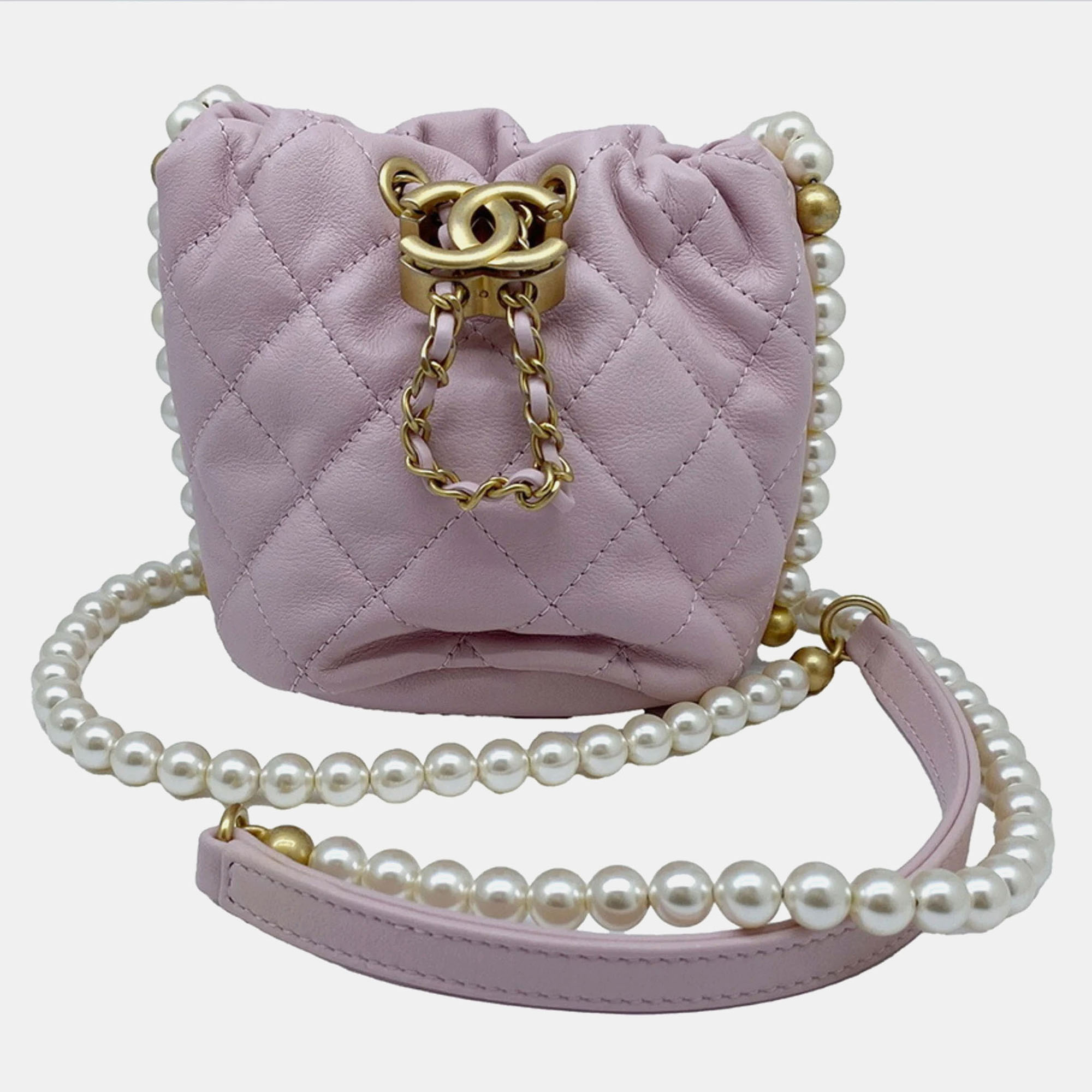 

Chanel Pink Leather Pearl Chain Mini Shoulder Bag