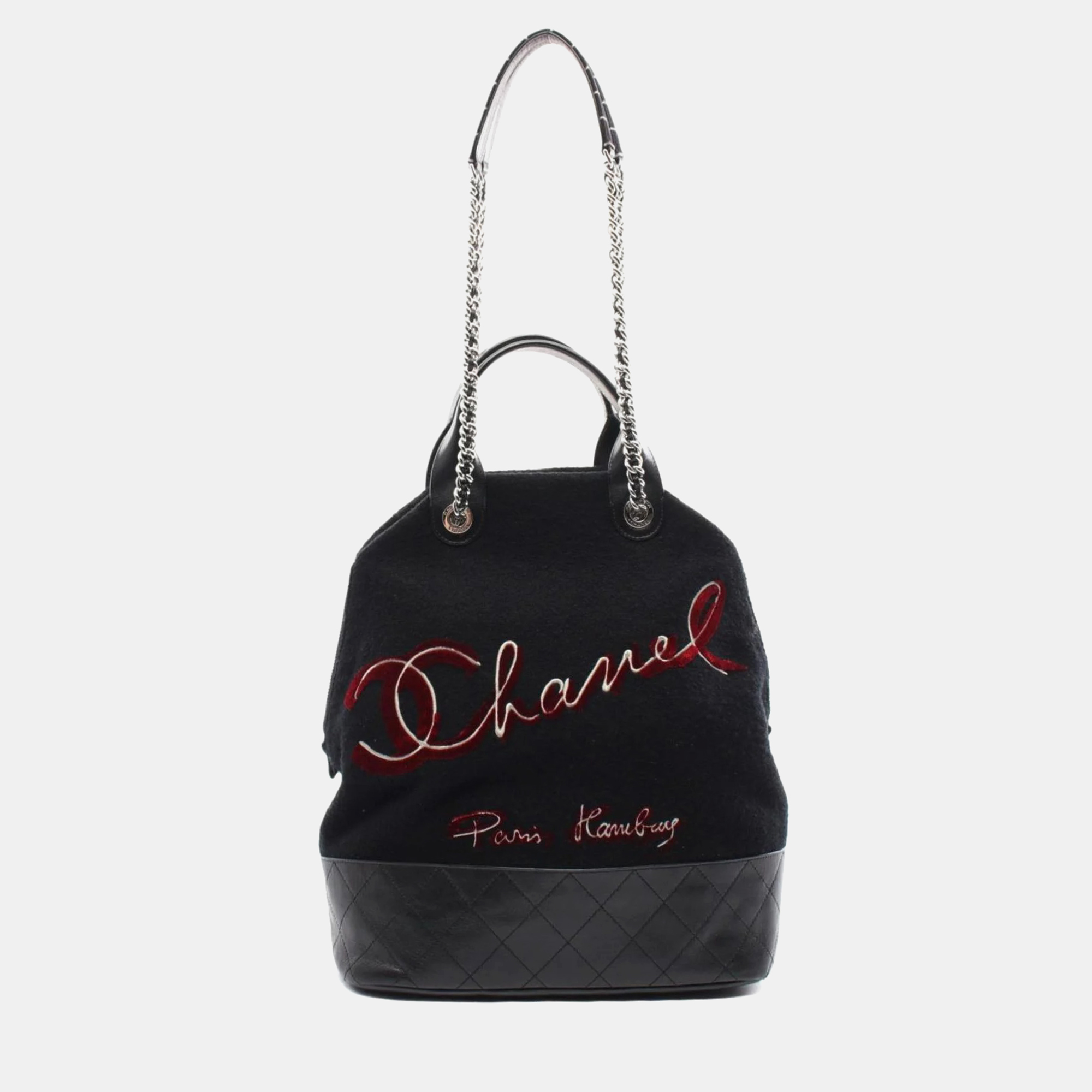 

Chanel Black Wool Leather Matelasse Shoulder Bag
