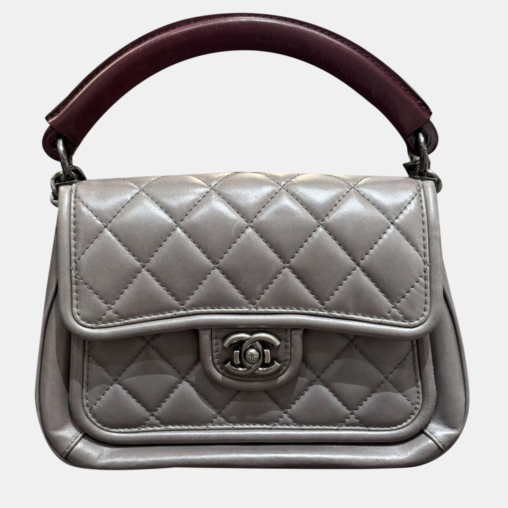 

Chanel Grey Burgundy Top Handle Bag