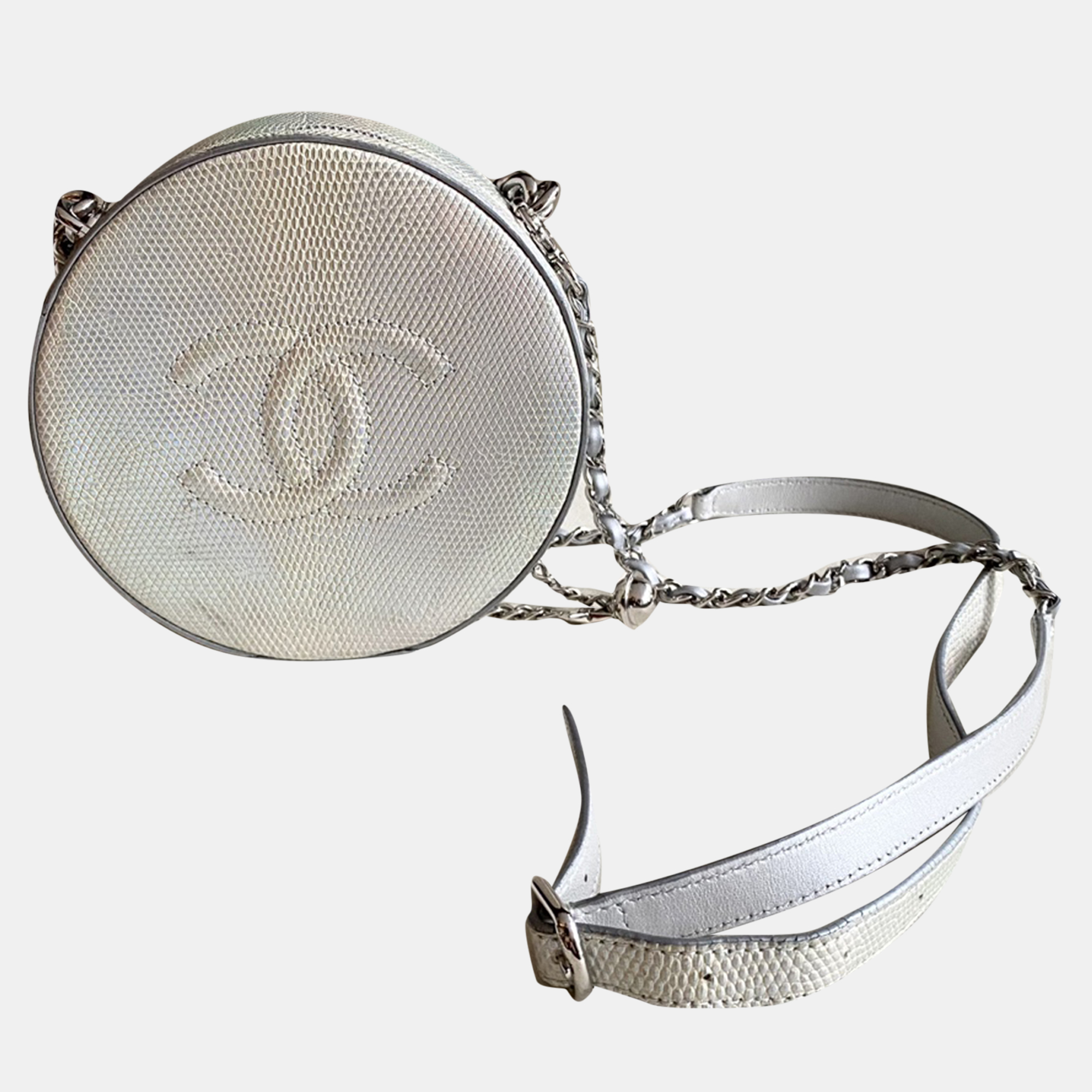 Chanel Silver Lizard Leather Round Mini Shoulder Bag