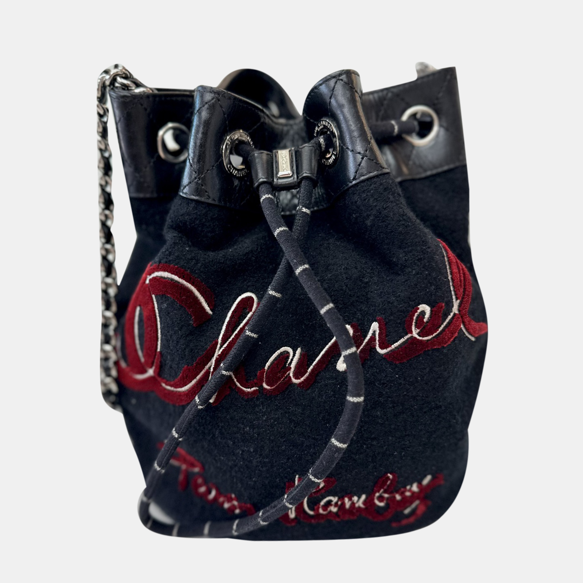 

Chanel Tweed Drawstring Bucket Bag, Black