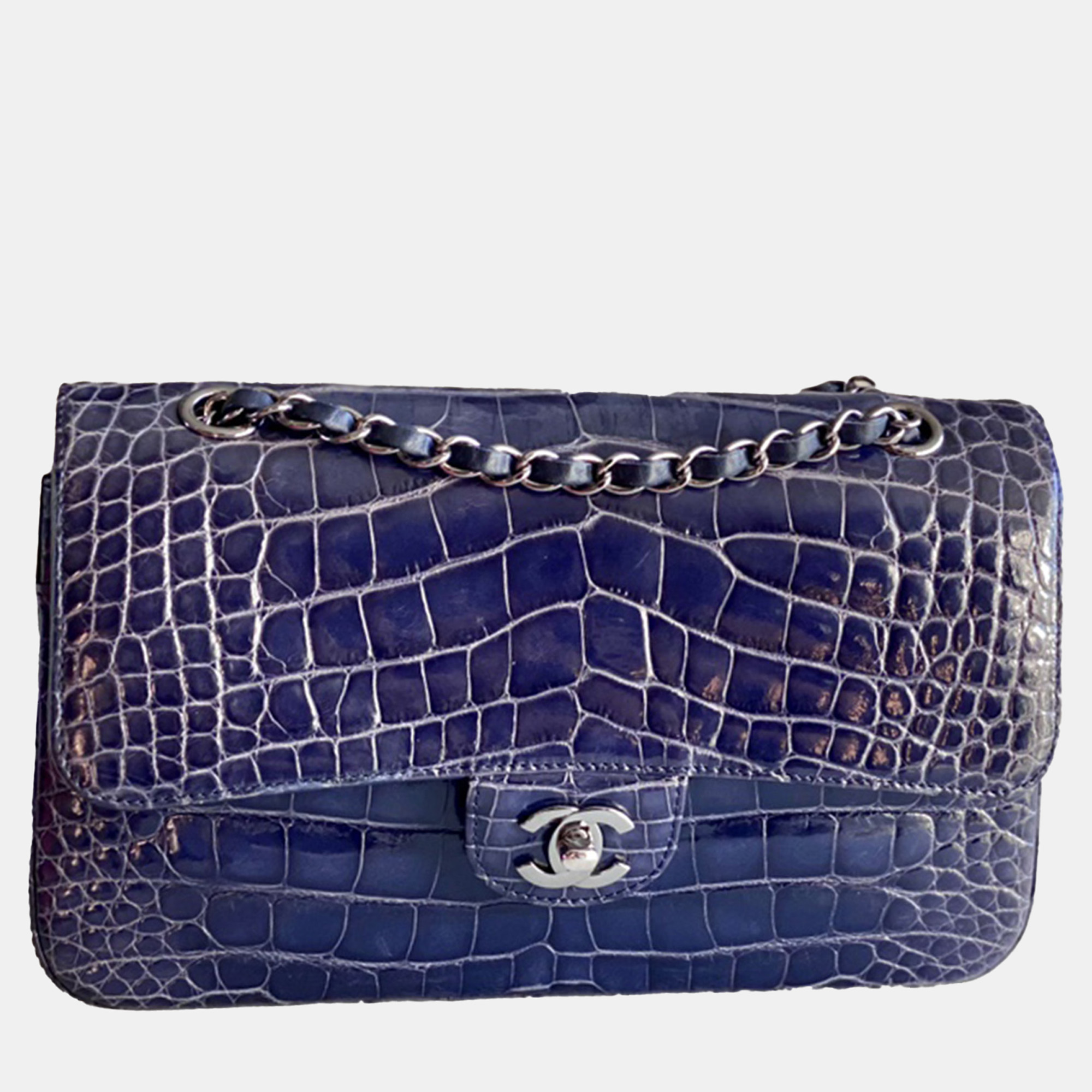 

Chanel Blue Shiny Crocodile Leather Classic Flap Medium Shoulder Bag