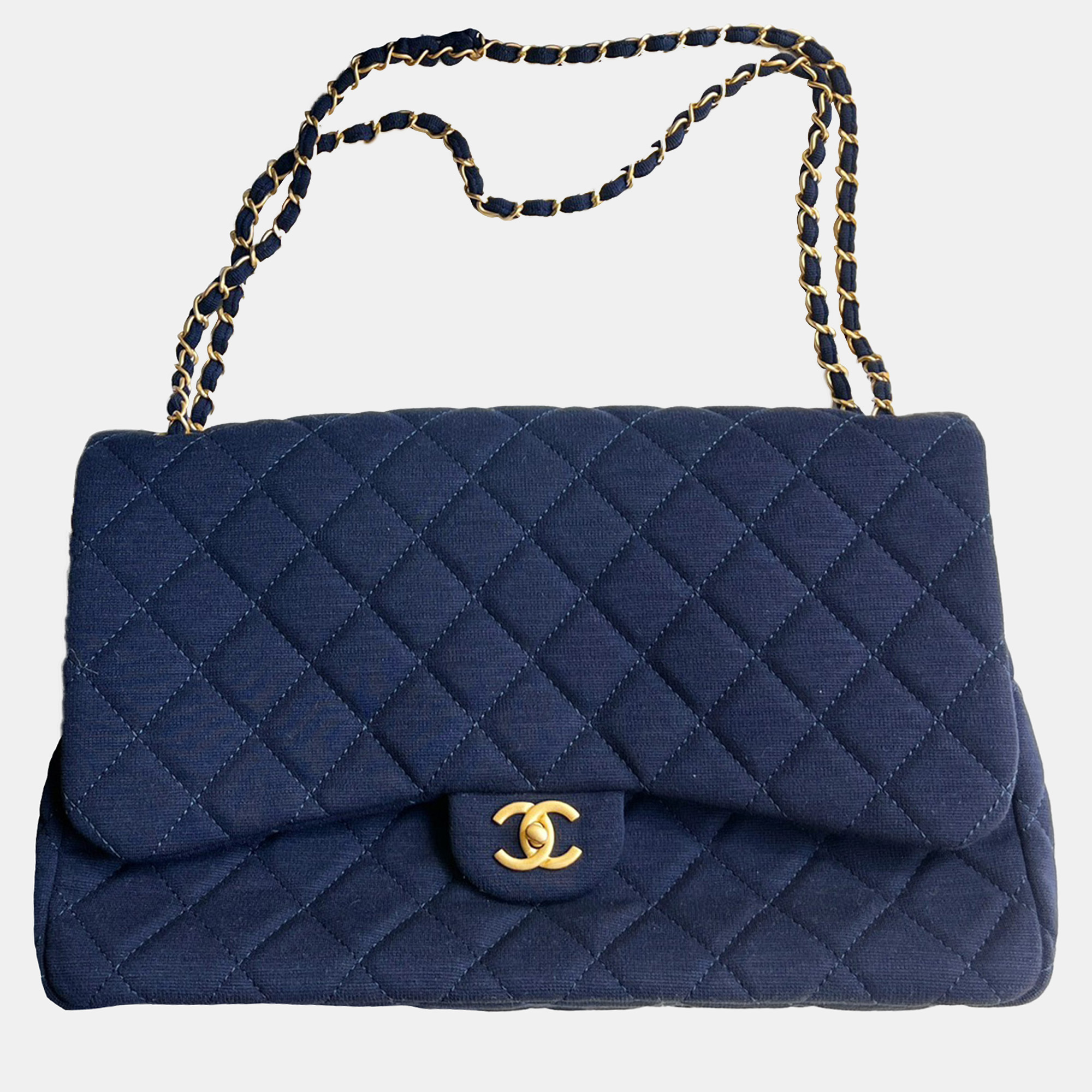 

Chanel Blue Knit Microchip Version  Classic Flap Shoulder Bag