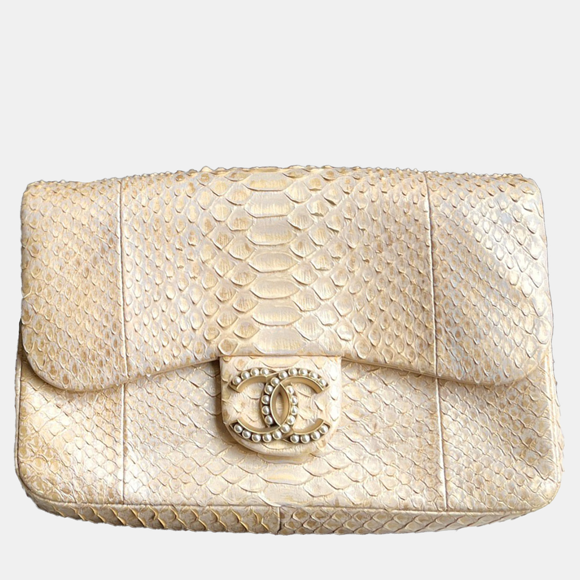

Chanel Gold Snakeskin Pearl Chain Shoulder Bag, Beige