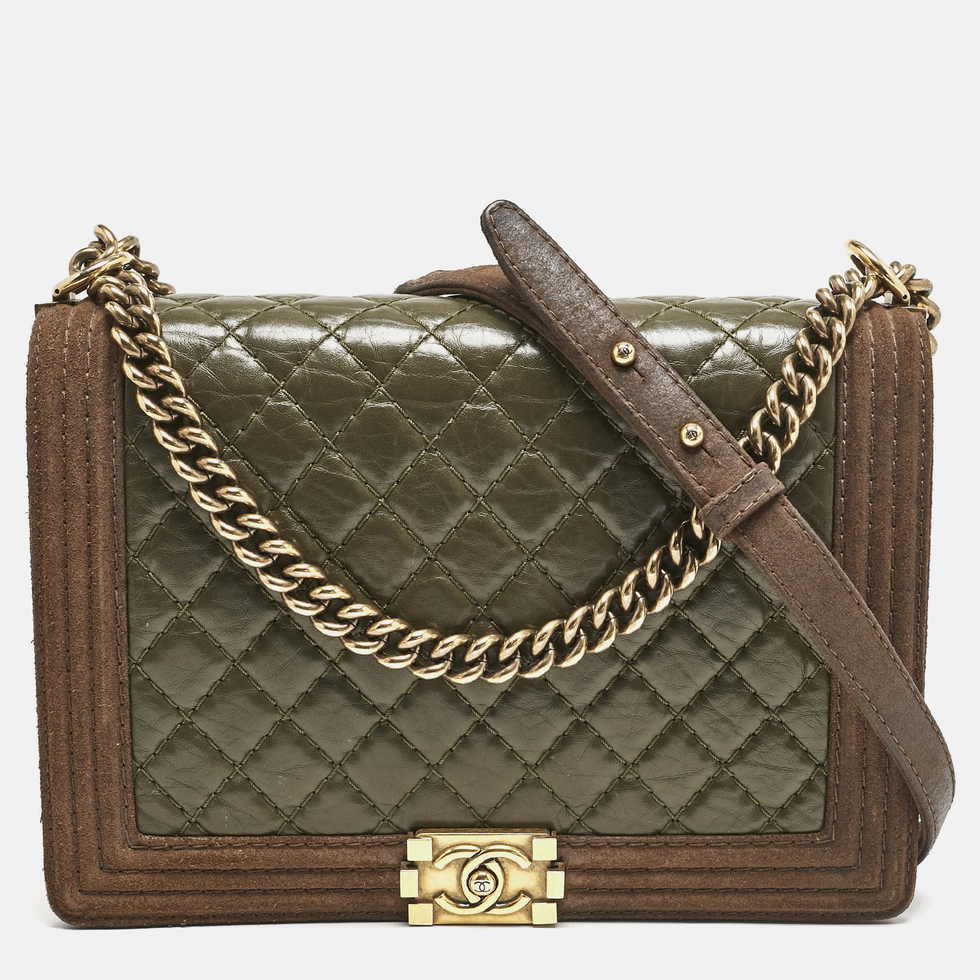 

Chanel Olive Green/Brown Quilted Leather and Suede Large Boy Flap Bag