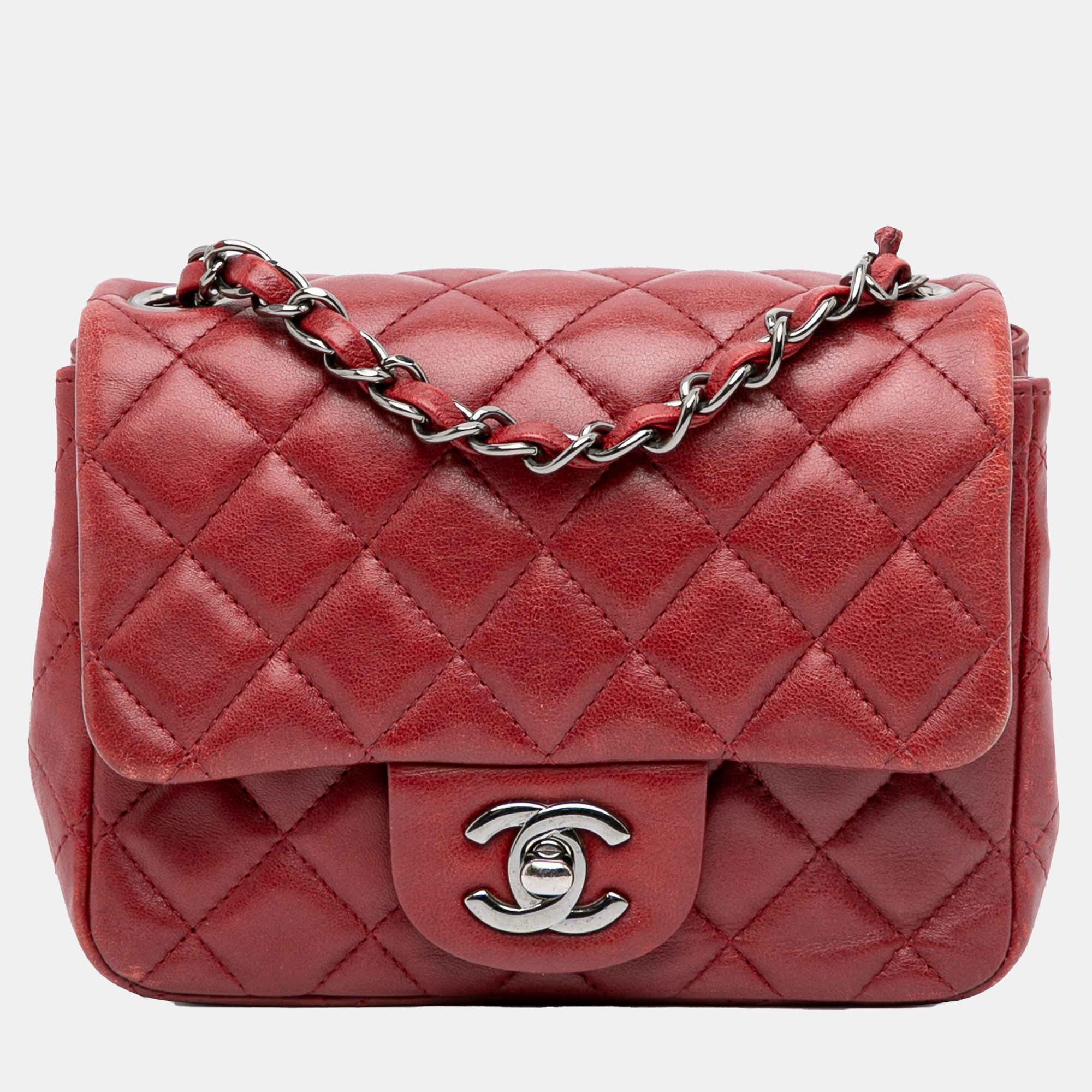 Pre-owned Chanel Red Mini Square Classic Lambskin Single Flap