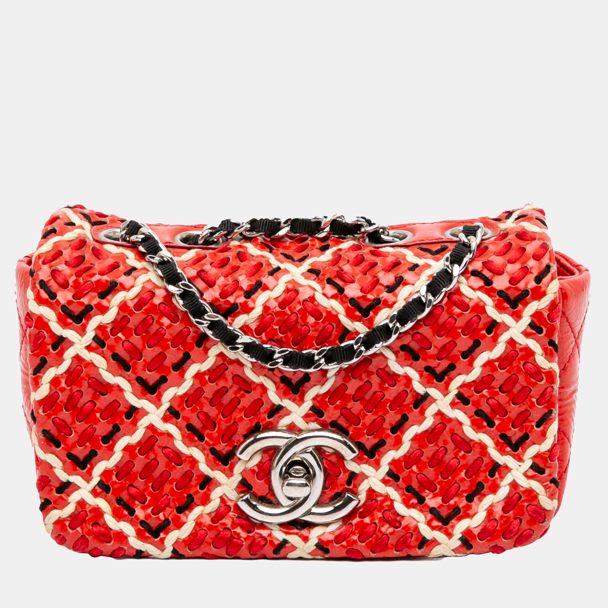 

Chanel Red Mini CC Patent Woven Stitch Full Flap
