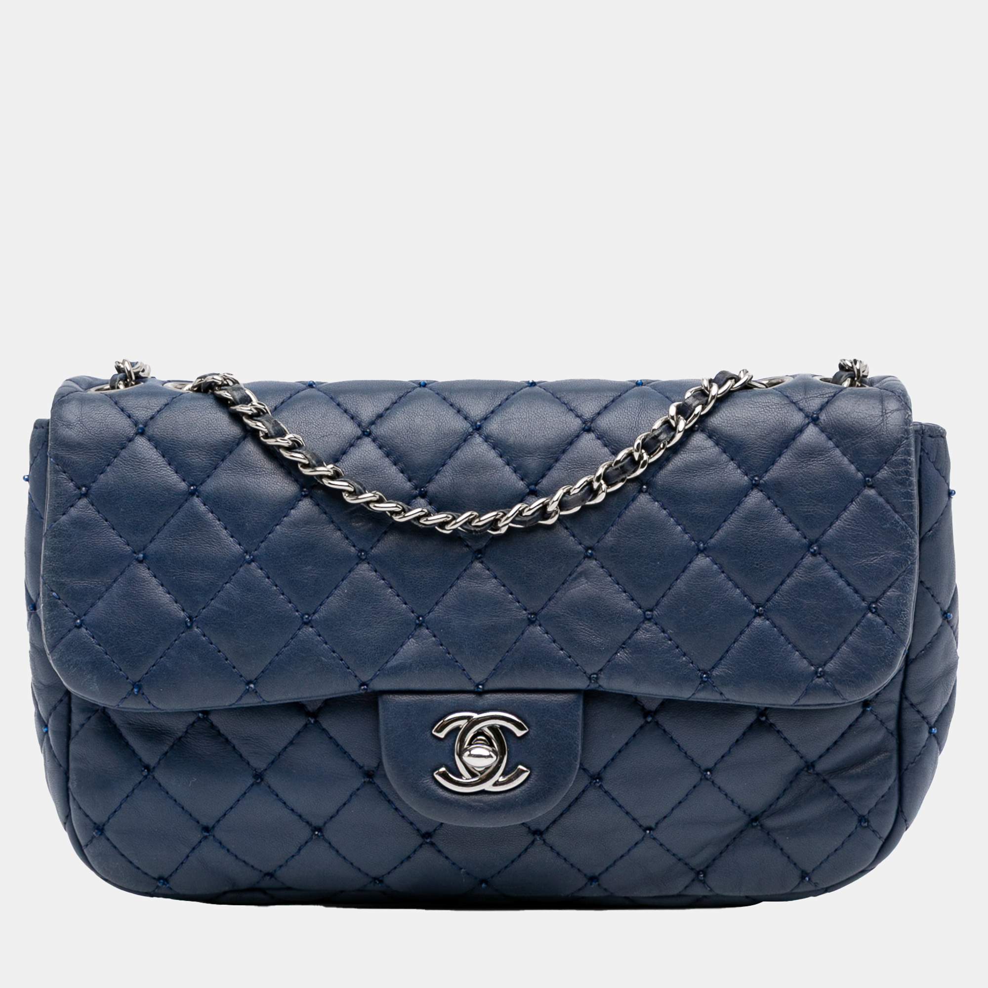 

Chanel Navy Blue Small Quilted Lambskin Beaded Single Flap
