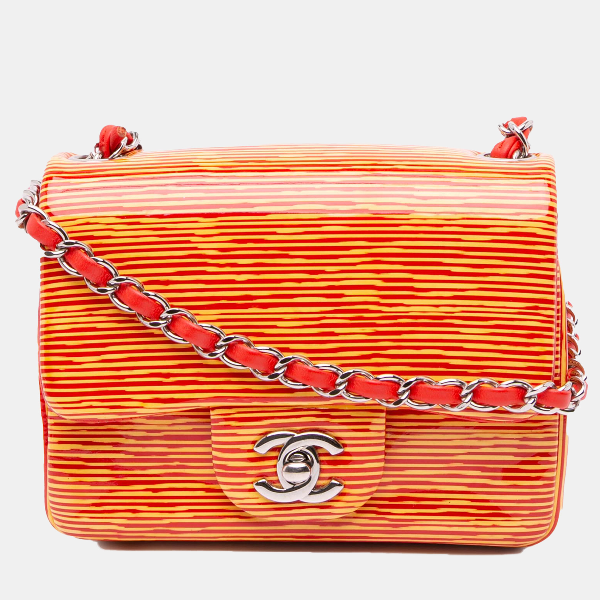 

Chanel Orange Mini Square Classic Patent Striped Single Flap
