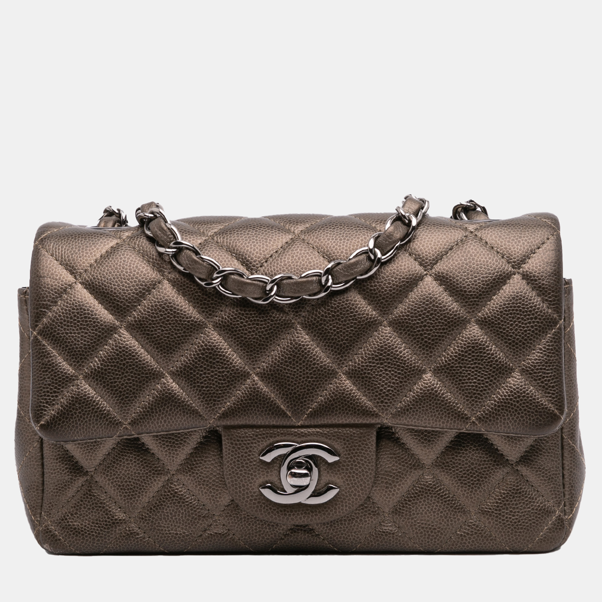 

Chanel Brown Mini Rectangular Classic Metallic Caviar Single Flap
