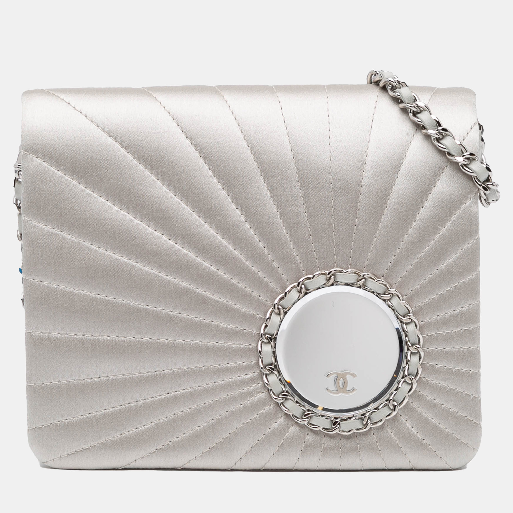 

Chanel Silver Satin Embellished Mirror Flap with Chain