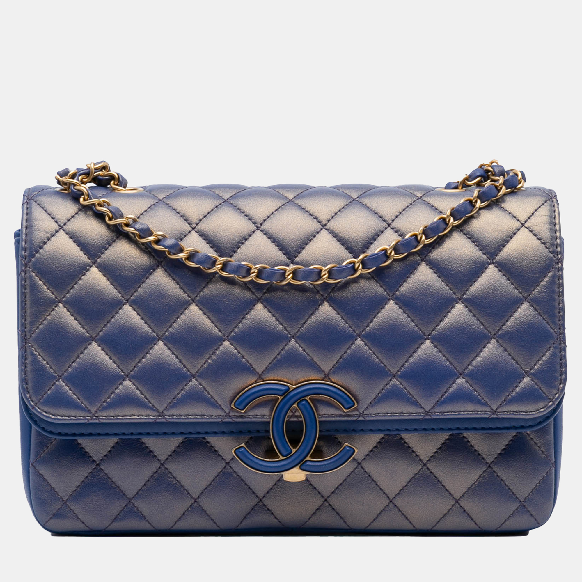 

Chanel Blue Medium Quilted Metallic Lambskin CC Chic Double Flap
