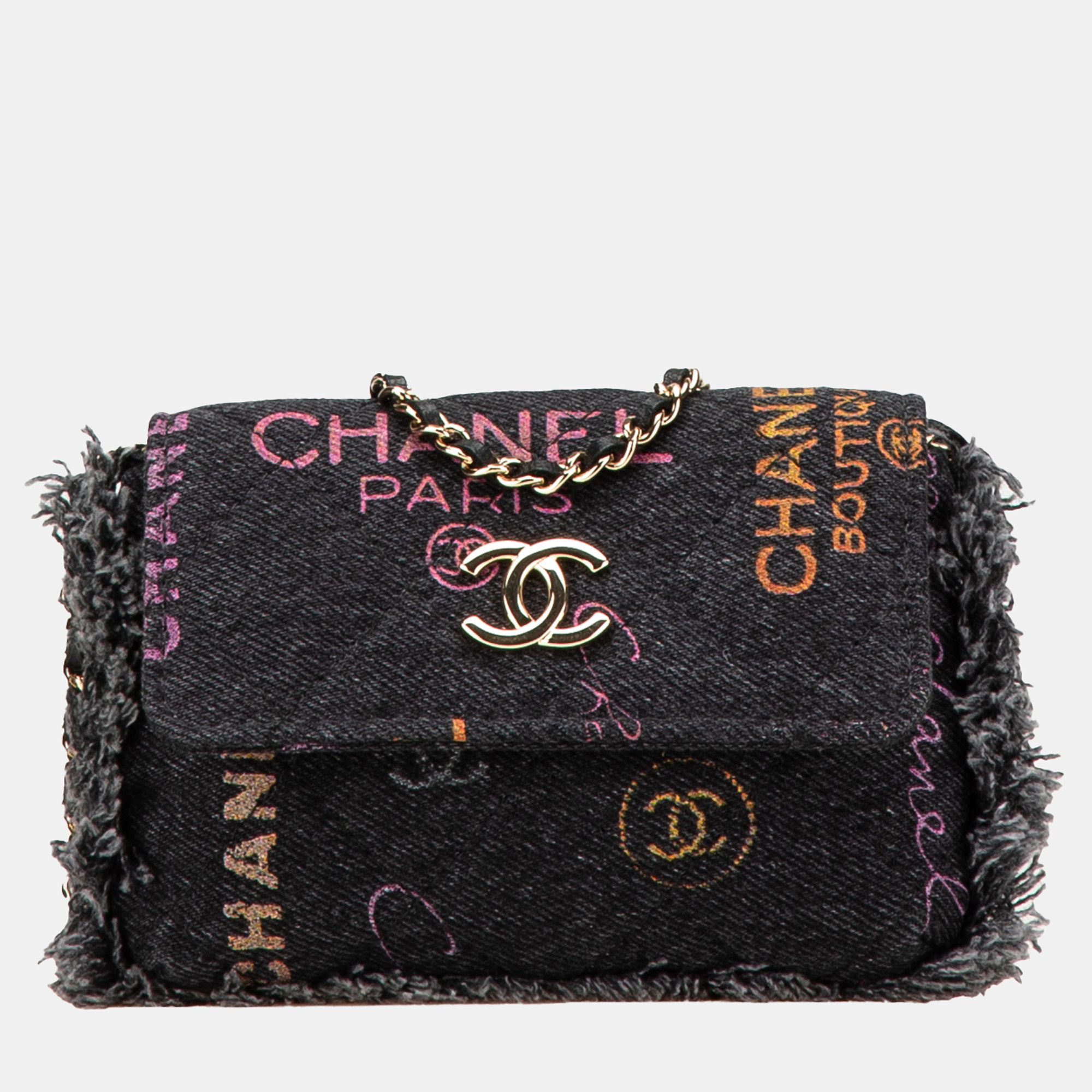 

Chanel Black Fringe Denim Mood Clutch with Chain